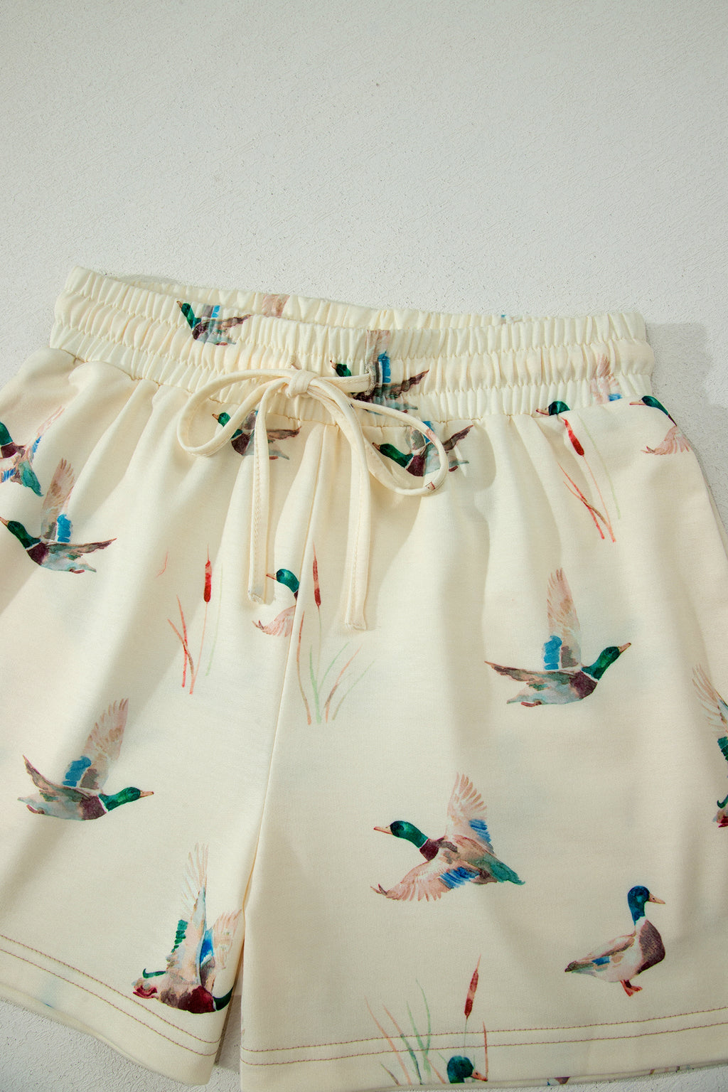 Beige Mallard Duck Print Oversized Tee & Drawstring Shorts Set Women S-XL