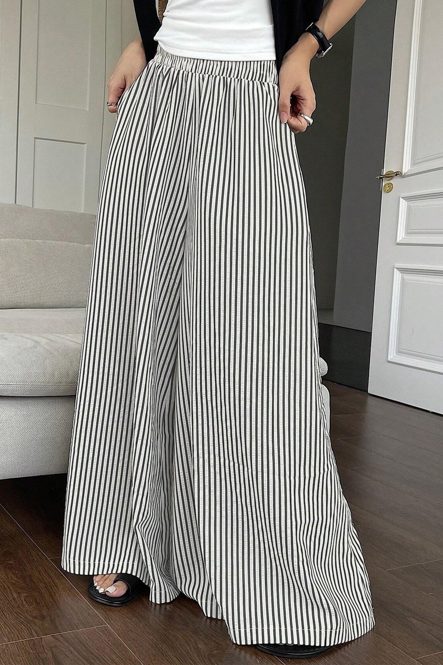 Shop Black Stripe Elastic Waist Ultra Wide Leg Trousers | UK Sizes 8-18 at LivelyLooks