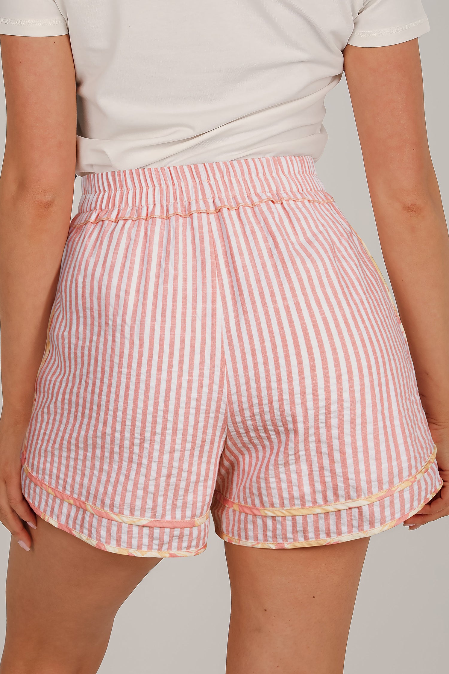 Women's Light Pink Striped Floral Trim Ribbon Knot Casual Shorts at LivelyLooks