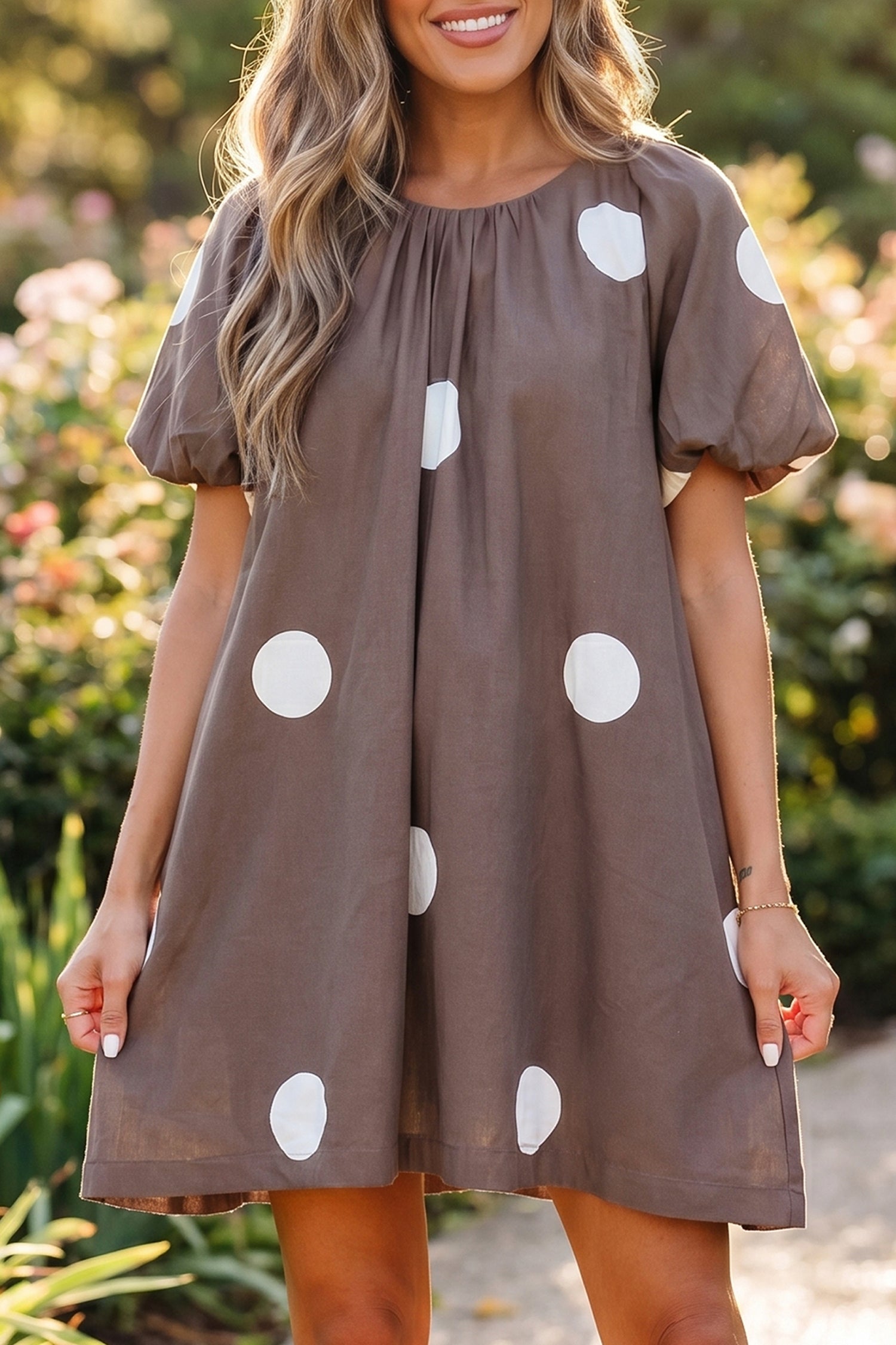 Shop Brown Polka Dot Puff Sleeve Mini Dress Knot Back Loose Fit UK 8-22 at LivelyLooks