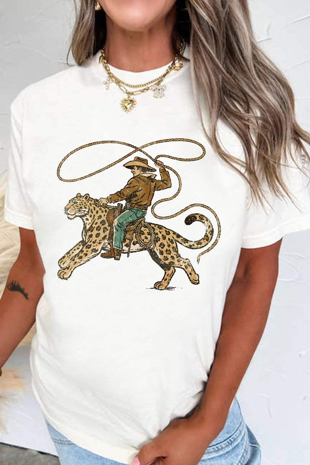 Women's White Cowboy Leopard Graphic Tee | Casual Western Top S-3XL at LivelyLooks