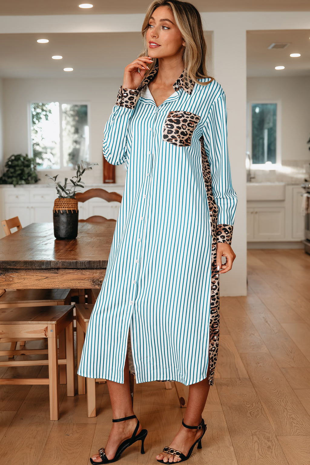 Women's Brown Stripe Contrast Leopard Patchwork Long Shirt Dress with Slits at LivelyLooks