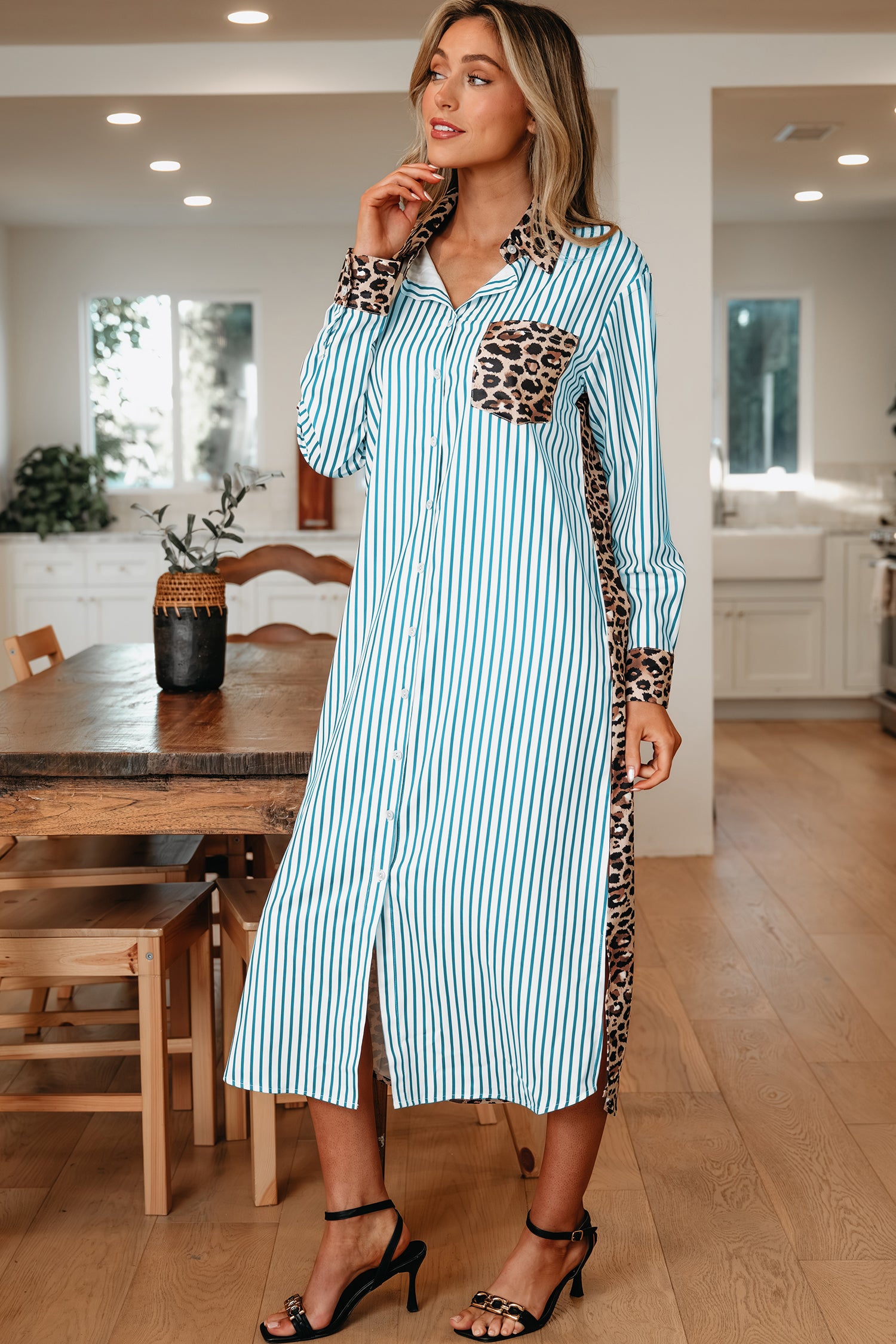 Women's Brown Stripe Contrast Leopard Patchwork Long Shirt Dress with Slits at LivelyLooks