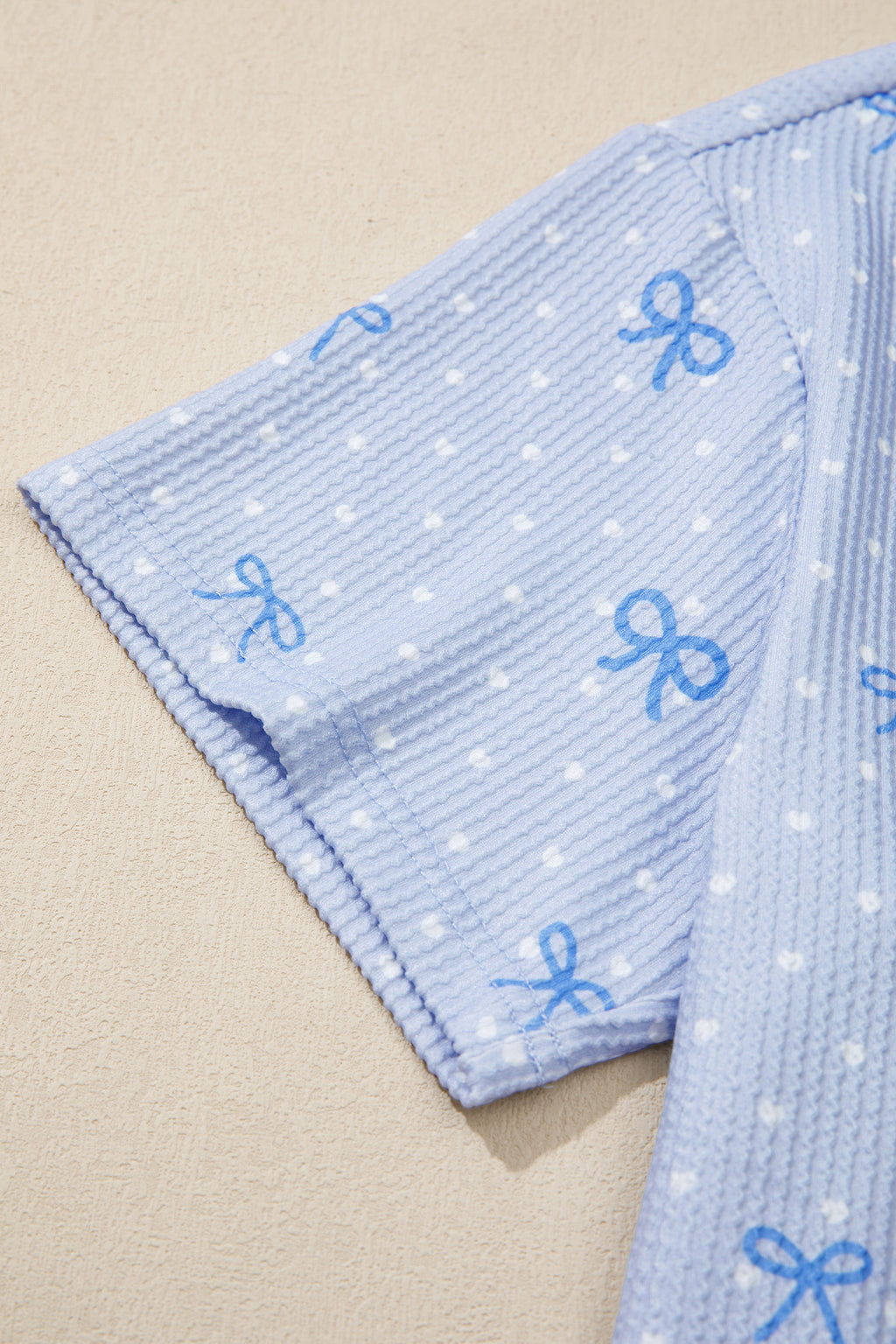 Sky Blue Tiny Heart & Bow Print Twisted Rib Loose 2pcs Short Set