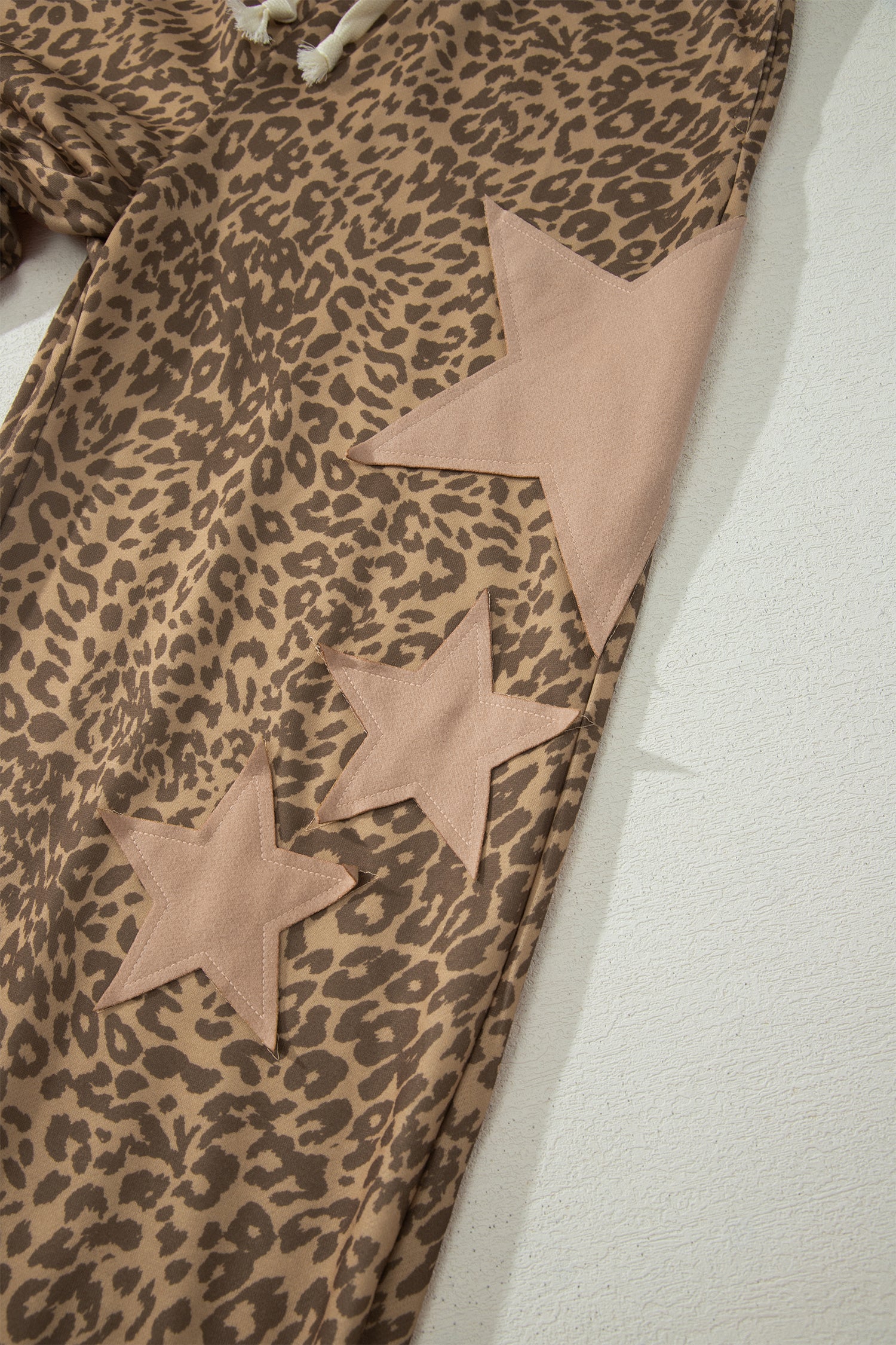 Khaki Leopard Print Jogger Pants Star Patch Drawstring Elastic Waist Women S-XL