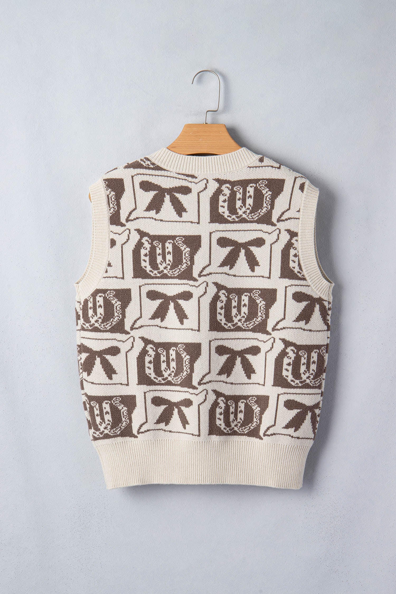 Women's Brown Western Horseshoe Bow Print V Neck Loose Sweater Vest at LivelyLooks