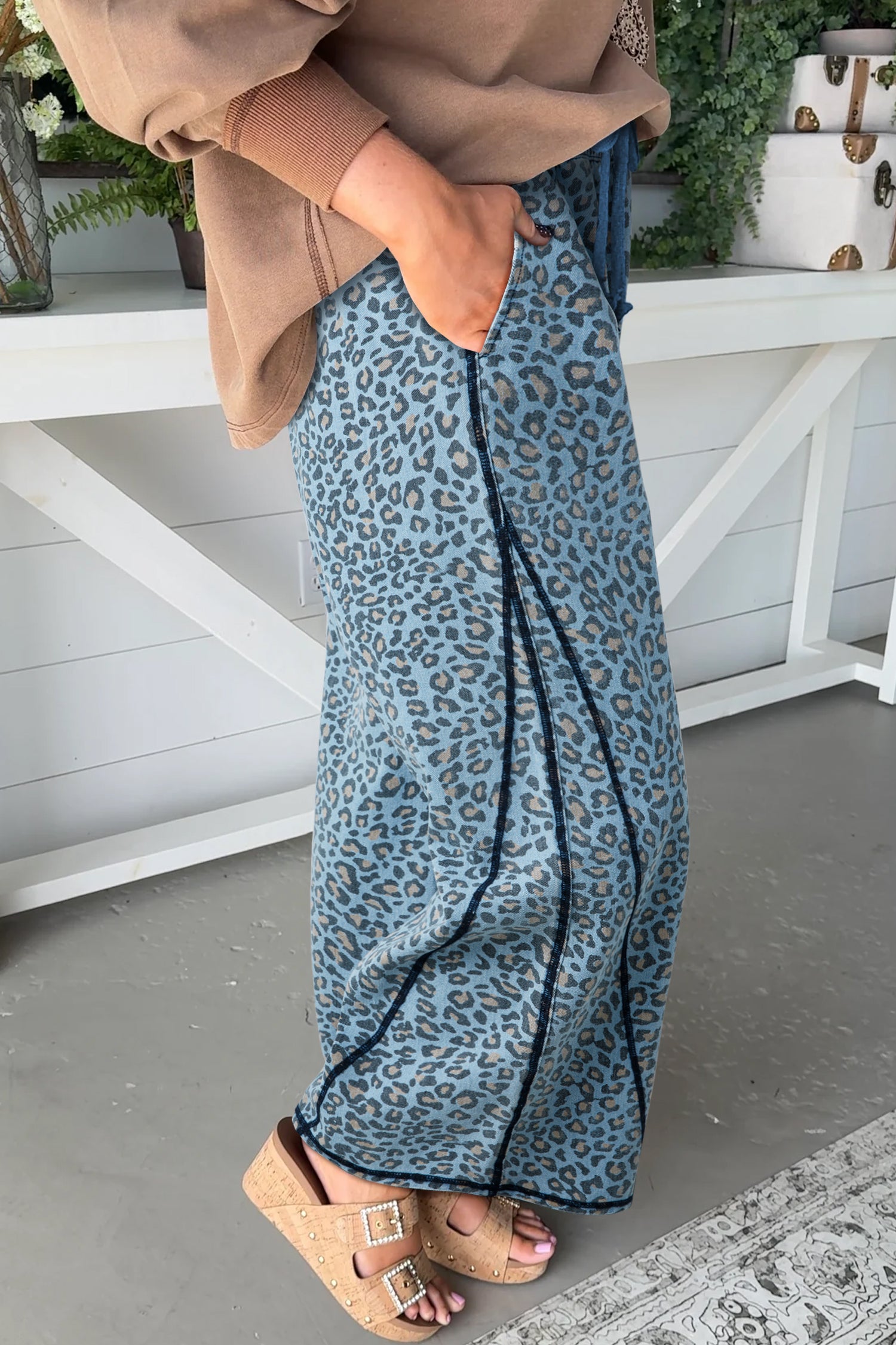 Shop Blue Leopard Print Exposed Seam Wide Leg Drawstring Jeans UK 8-20 at LivelyLooks