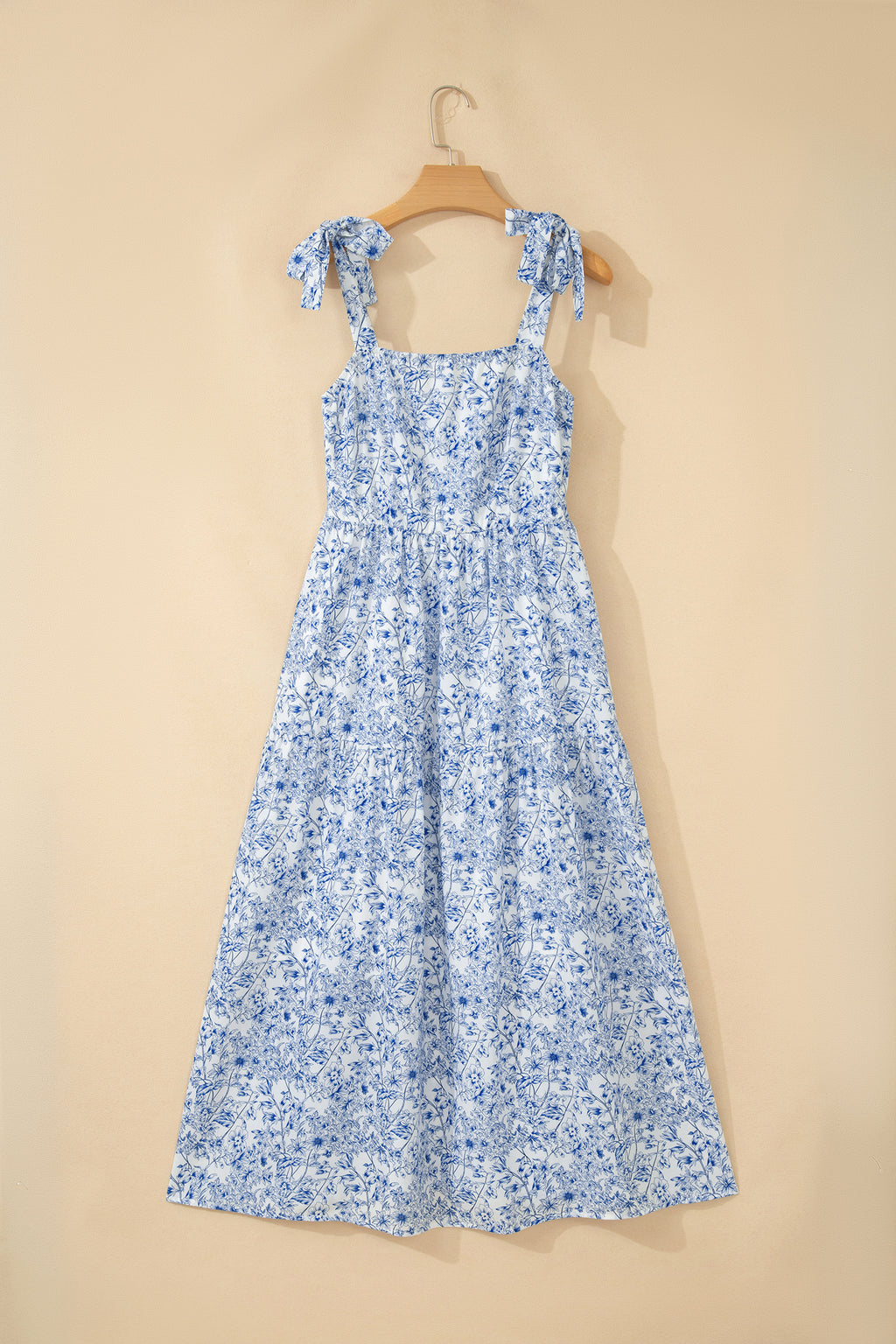 Sky Blue Floral Maxi Dress Knot Straps High Waist Flared Women S-XL