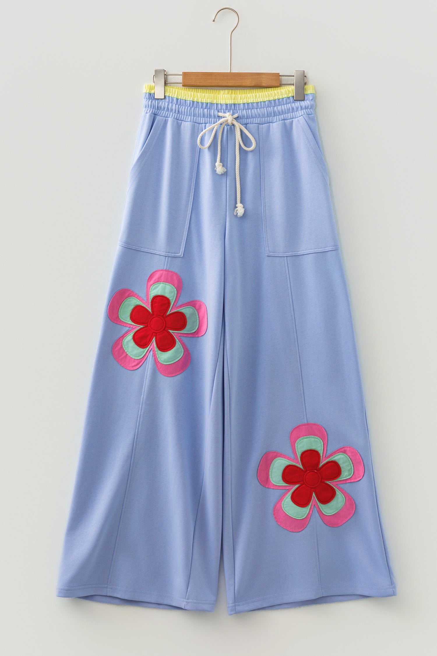Floral Patchwork Drawstring Wide Leg Trousers – Sky Blue