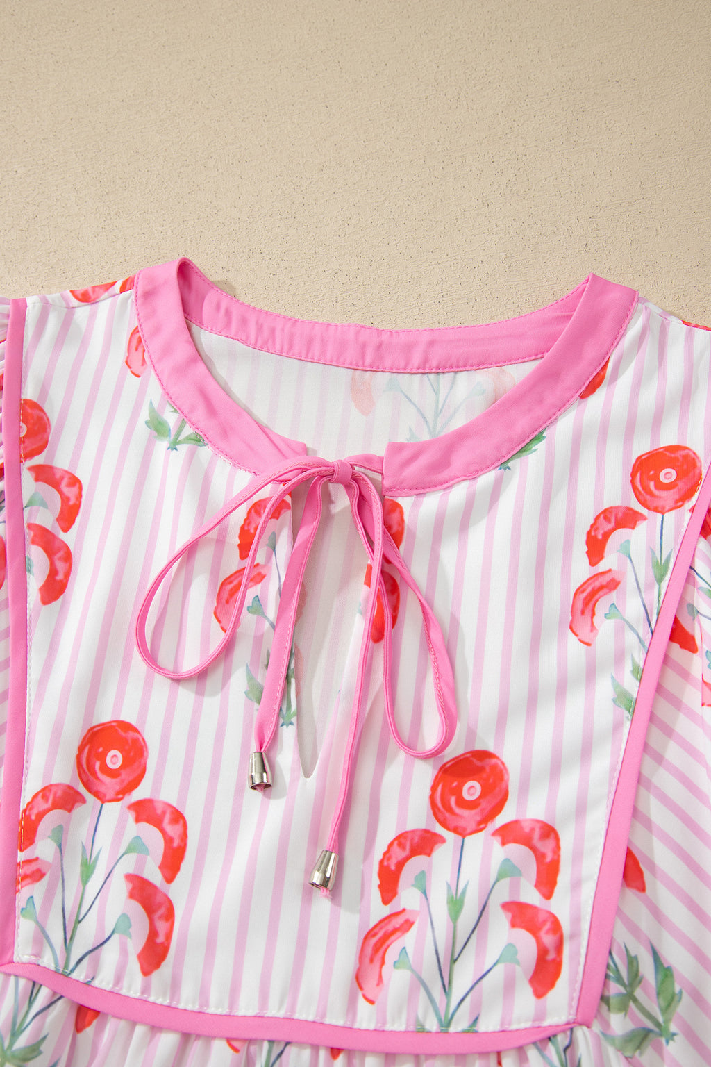 Pink & Sky Blue Floral Stripe Tie Notched Neck Puff Sleeve Mini Dress S-XL