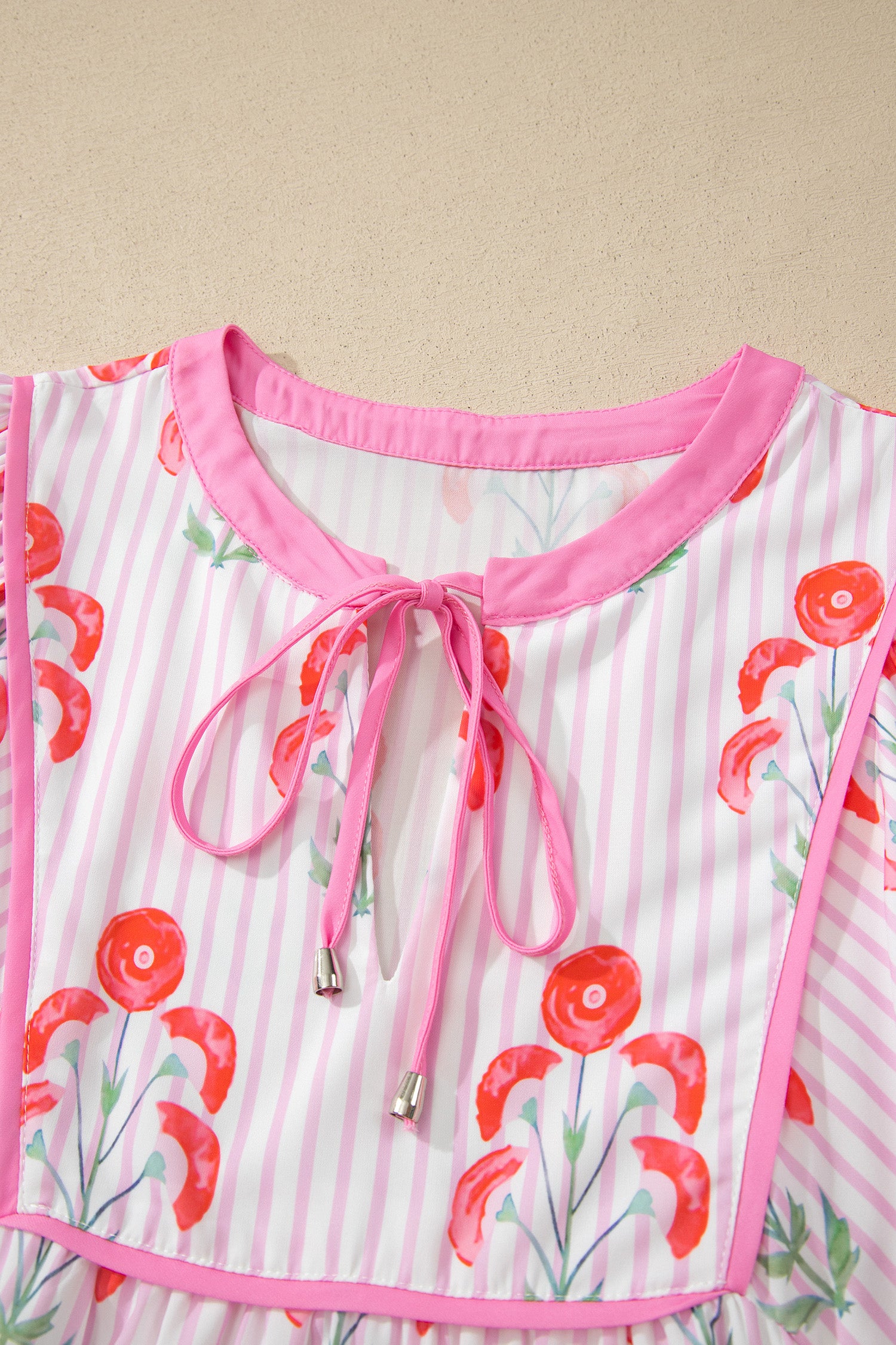 Pink & Sky Blue Floral Stripe Tie Notched Neck Puff Sleeve Mini Dress S-XL