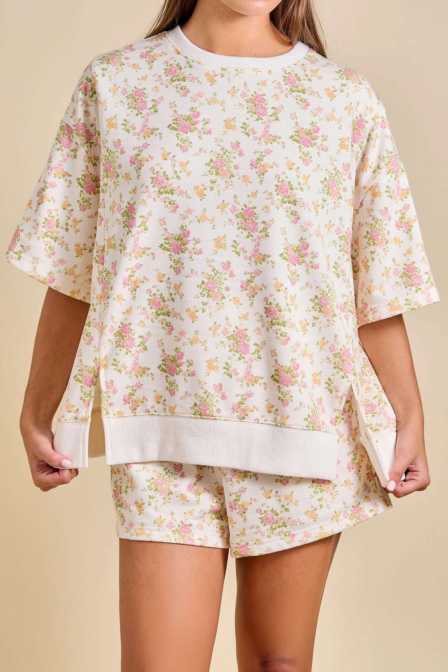 Floral Print Two Piece Short Set | Sky Blue & Pink | S-XL