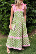 Women's Green Floral Print Striped Knot Strap Maxi Dress at LivelyLooks