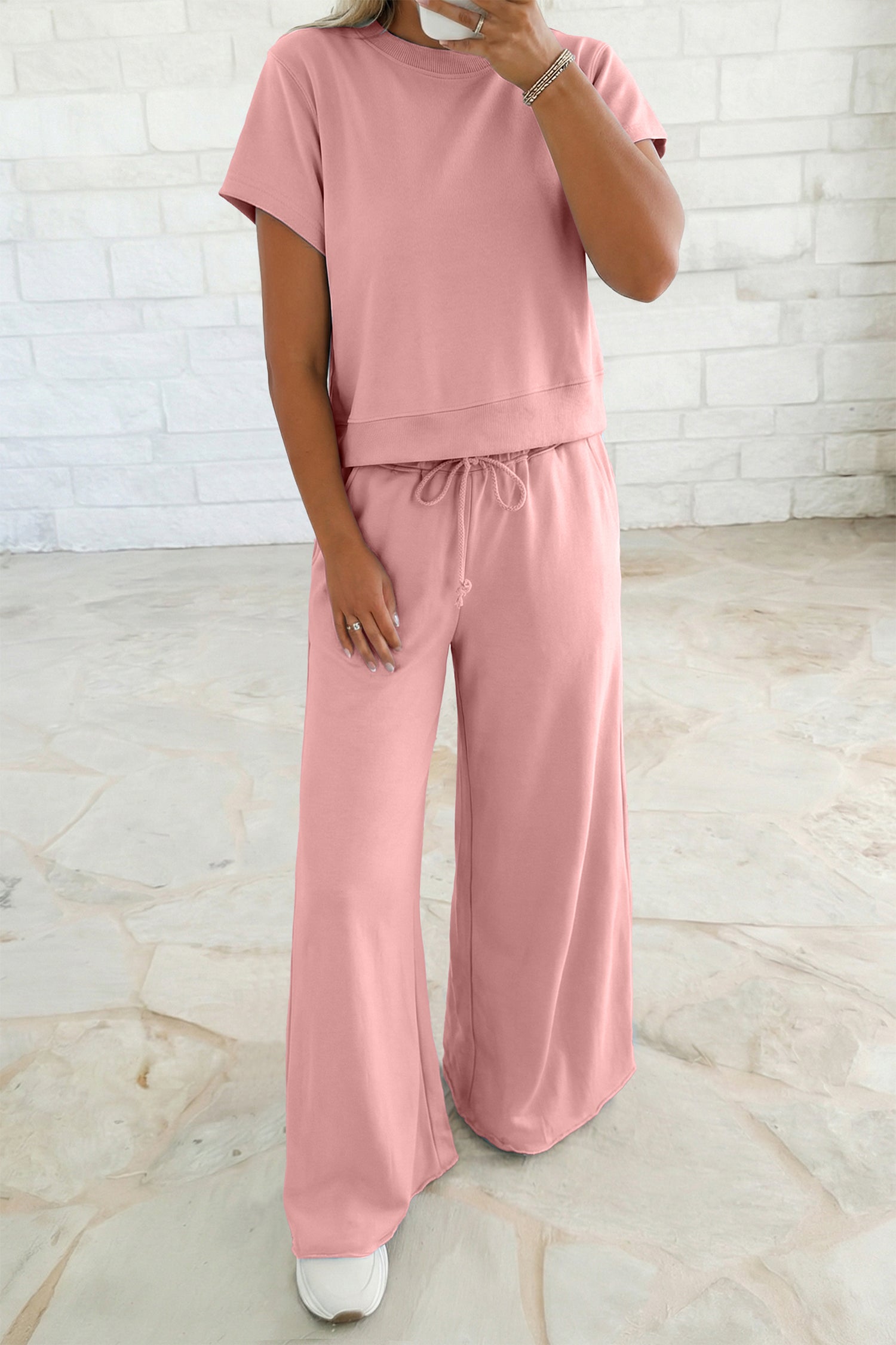 Solid Loose Tee & Drawstring Wide Leg Pants Co-ord Set | 4 Colours | UK 8–22