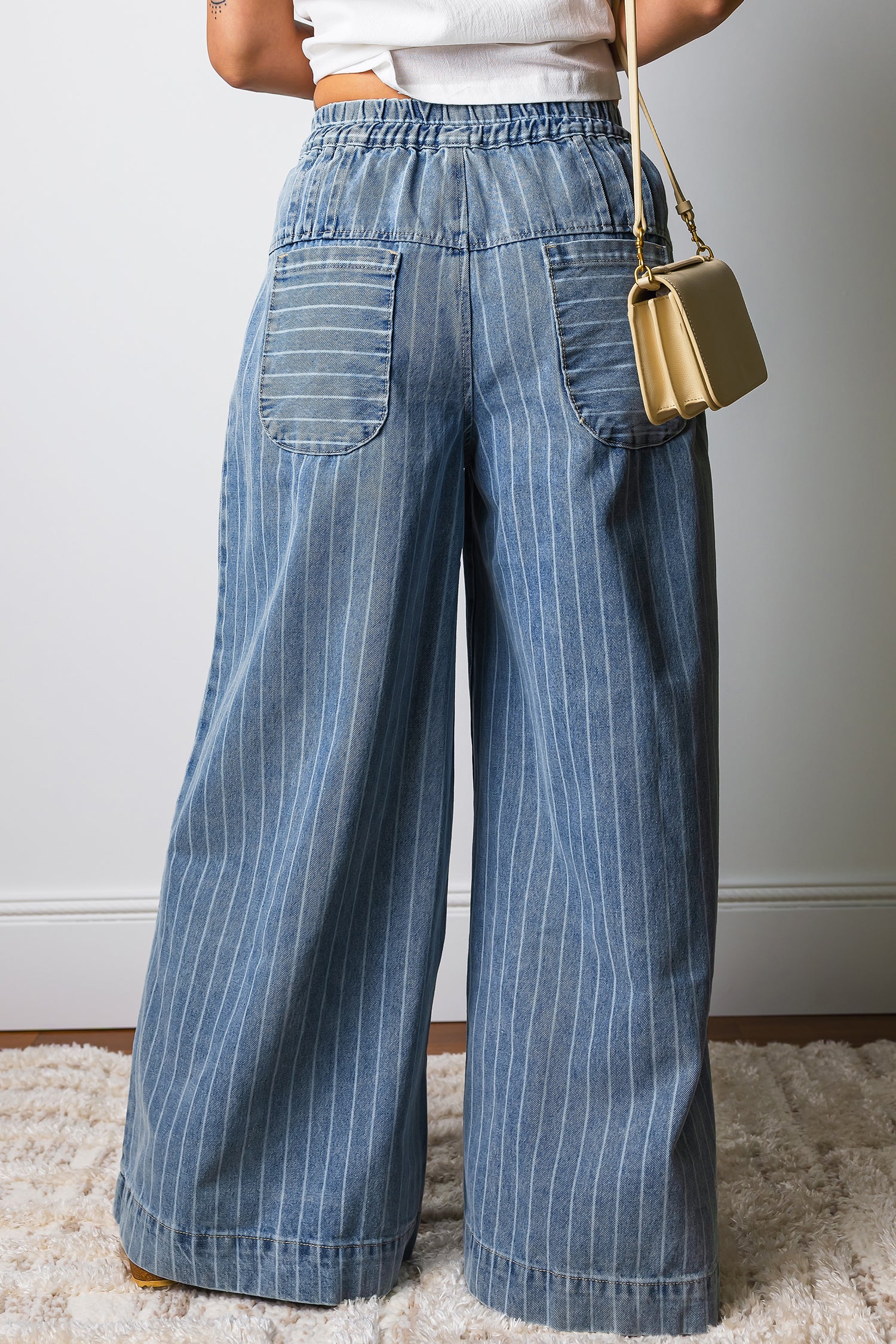 Women's Stripe Button Pleated Drawstring Waist Casual Wide Leg Jeans Denim Trousers Blue at LivelyLooks