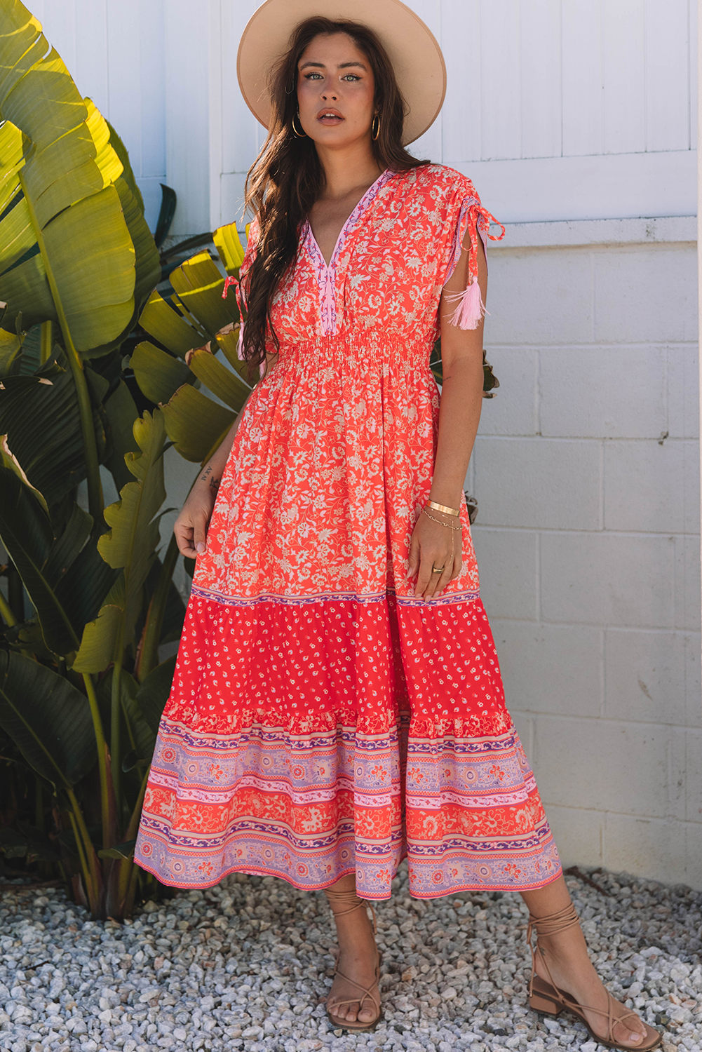 Shop Floral Print Tassel Tied Sleeve Empire Waist Boho Maxi Dress | S-XL at LivelyLooks