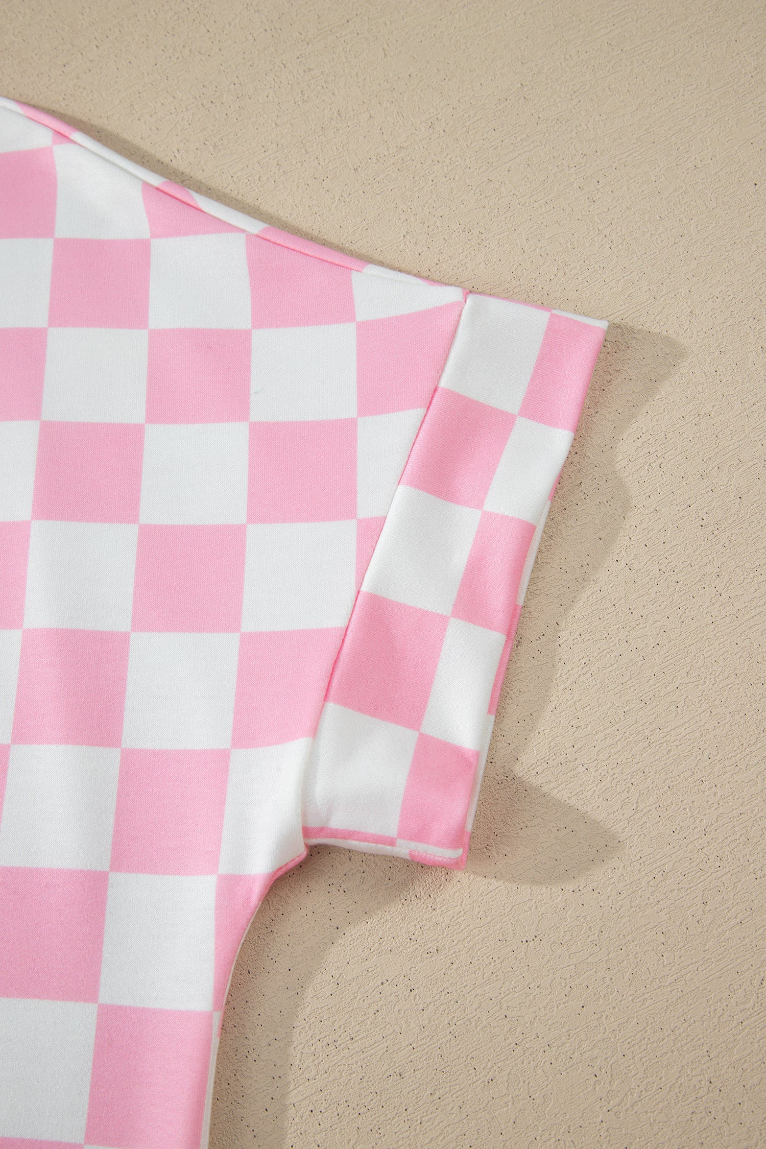 Shop Pink Checkered Print Colour Block Trim Mock Neck Short Set Two Piece Co-ord PJ at LivelyLooks