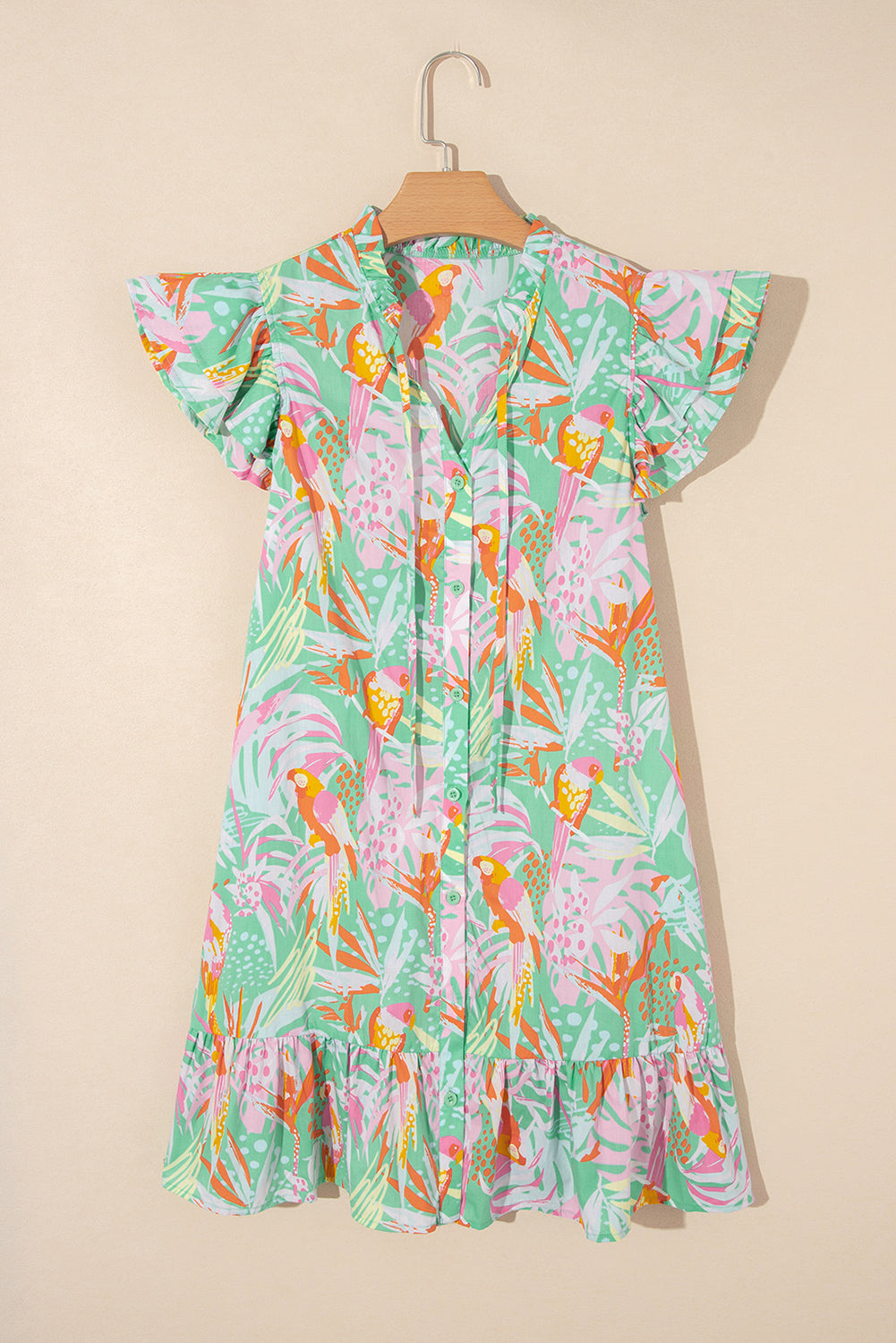 LivelyLooks Floral Ruffle Trim Flutter Sleeve V-Neck Mini Dress Green Pink S-XL women's fashion