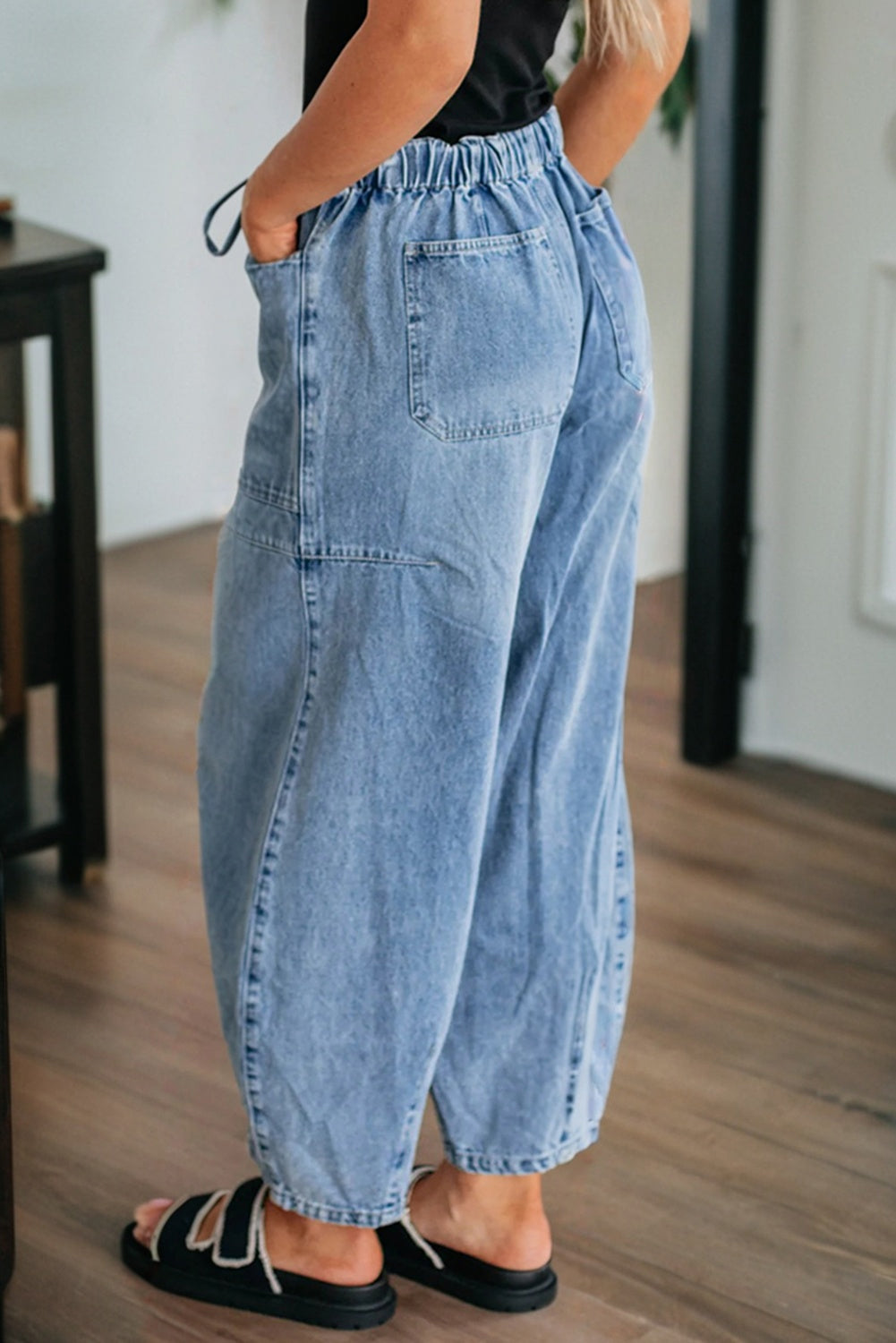 Shop Myosotis Large Patch Pocket Drawstring Paperbag Waist Barrel Jeans at LivelyLooks