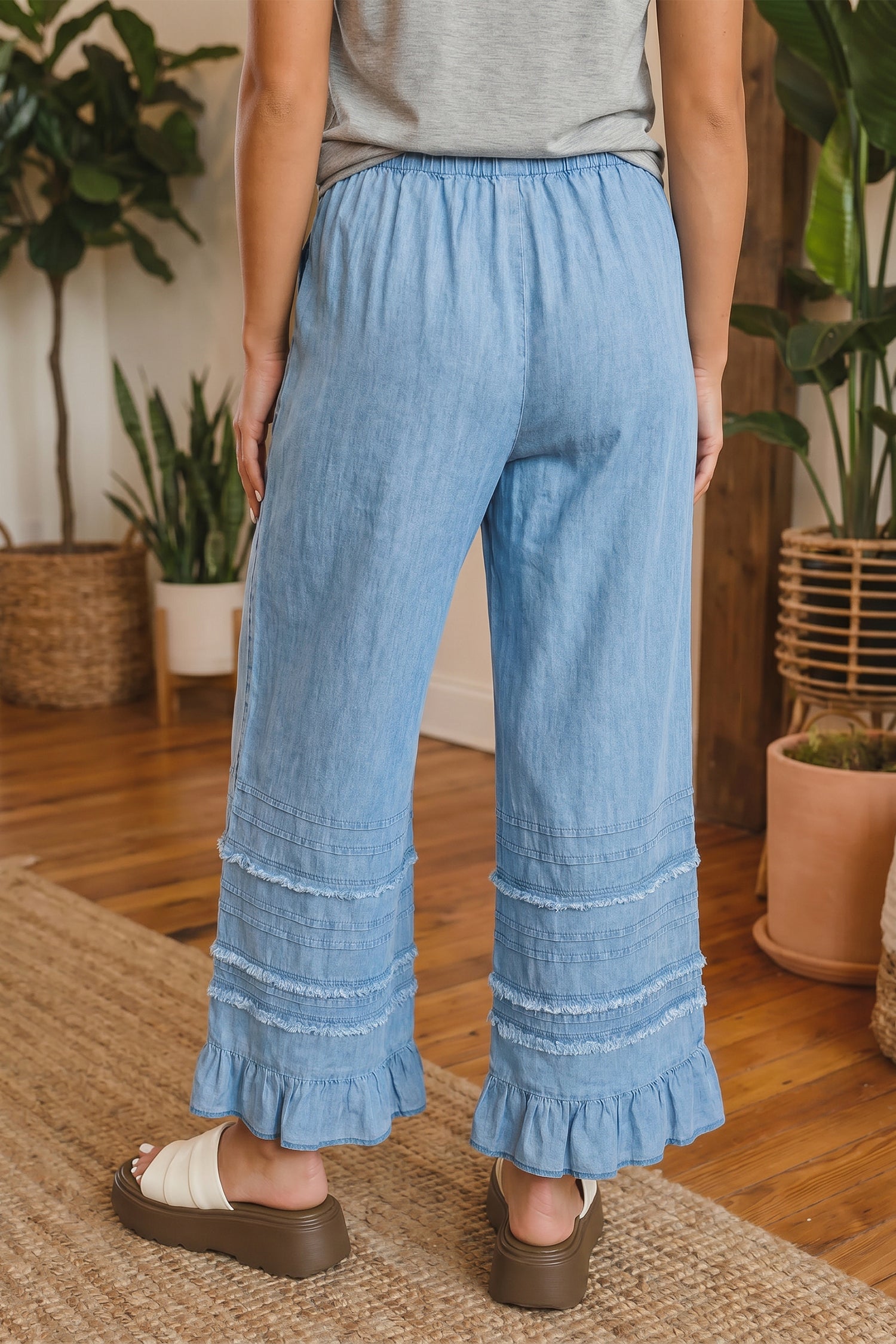 Beau Blue Ruffled Hem Wide Leg Chambray Trousers | Sizes 4-16