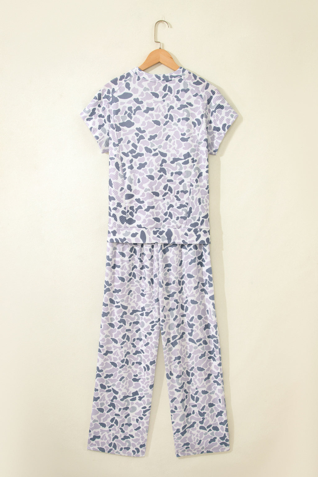 Beige Camouflage Print Twisted Rib Loose Tee & Drawstring Pants Set