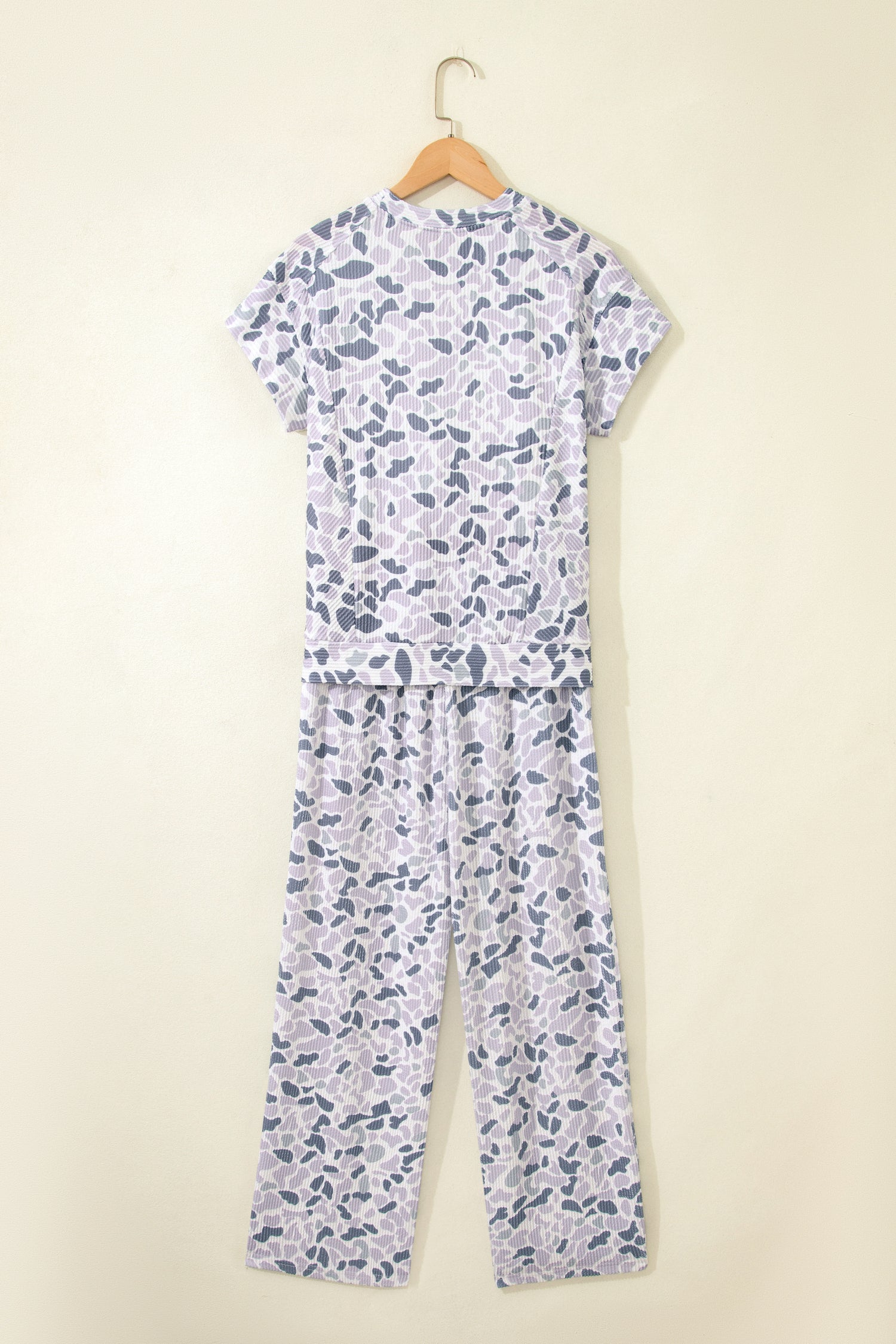 Beige Camouflage Print Twisted Rib Loose Tee & Drawstring Pants Set