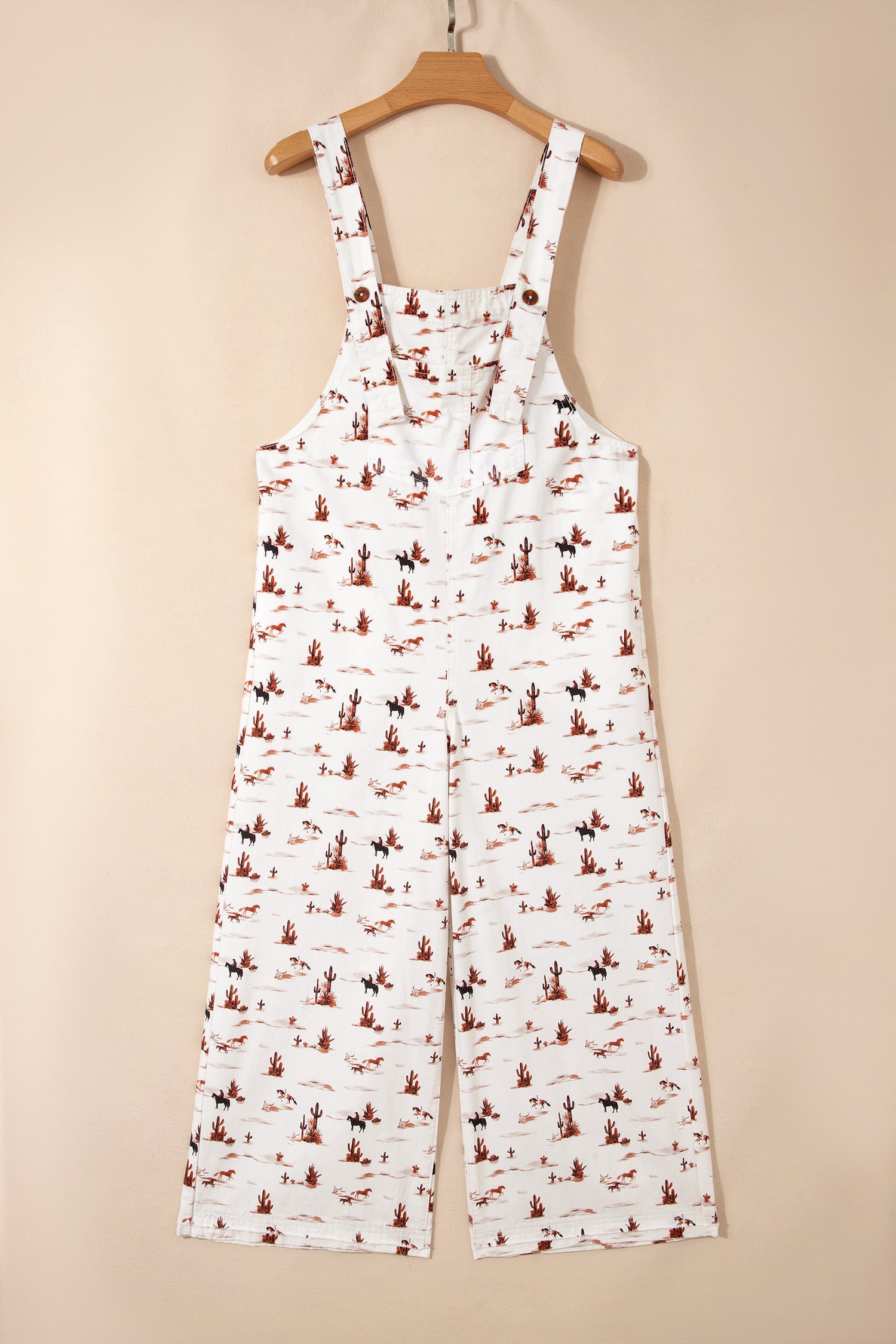 Beige Western Print Adjustable Strap Loose Dungaree Jumpsuit
