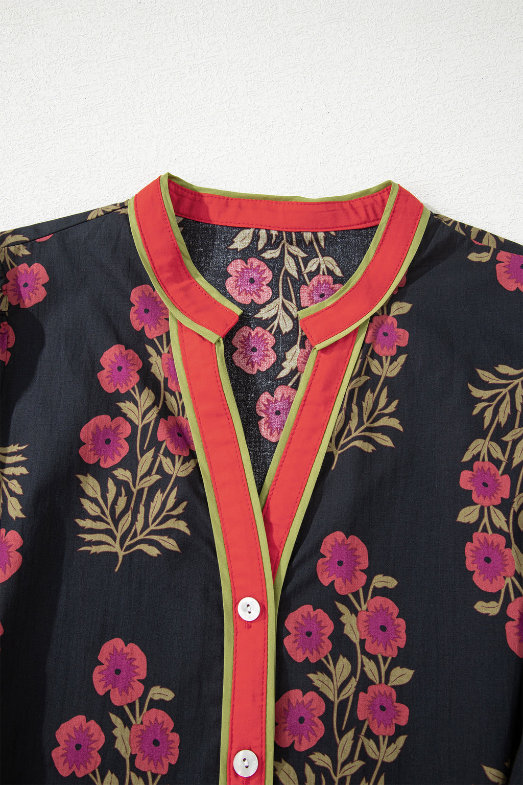 Black Retro Floral Belted Puff Sleeve Button Down Mini Dress