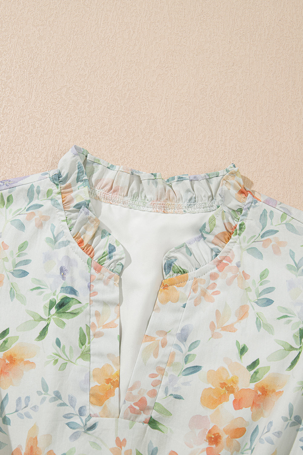 Beige Floral Shirred High Waist Puff Sleeve Mini Dress S-XL