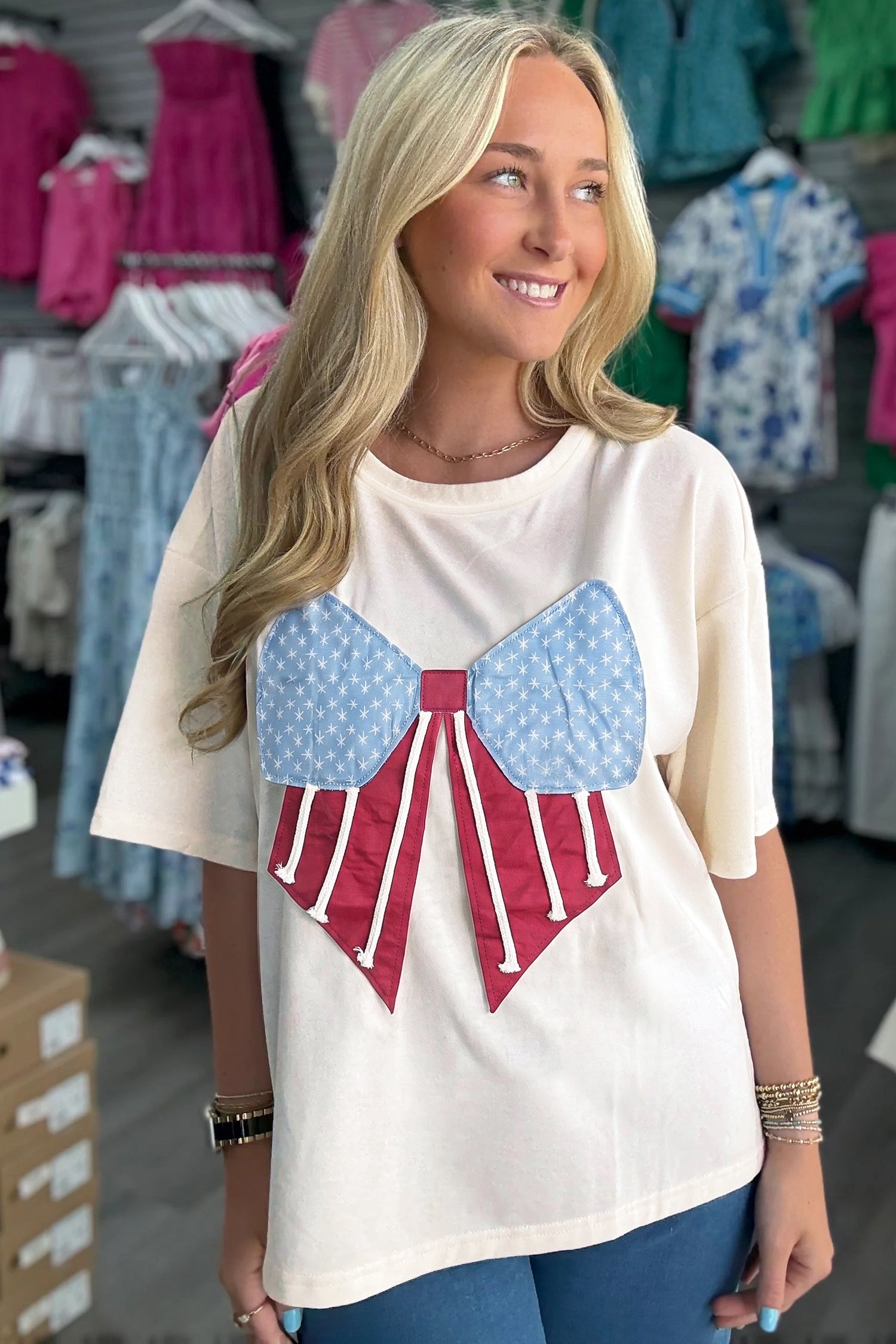 White Loose Knit Tee Vintage Flag Bow Patch Short Sleeve Women S-XL