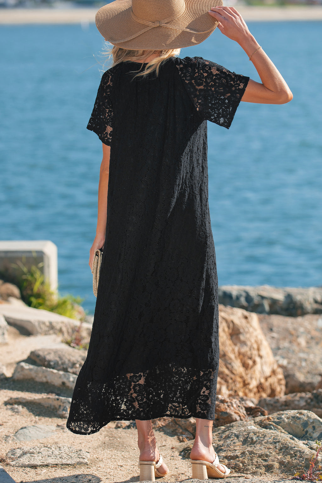 Black Floral Lace Overlay Tassel Tie Beach Vacation Maxi Dress S-XL