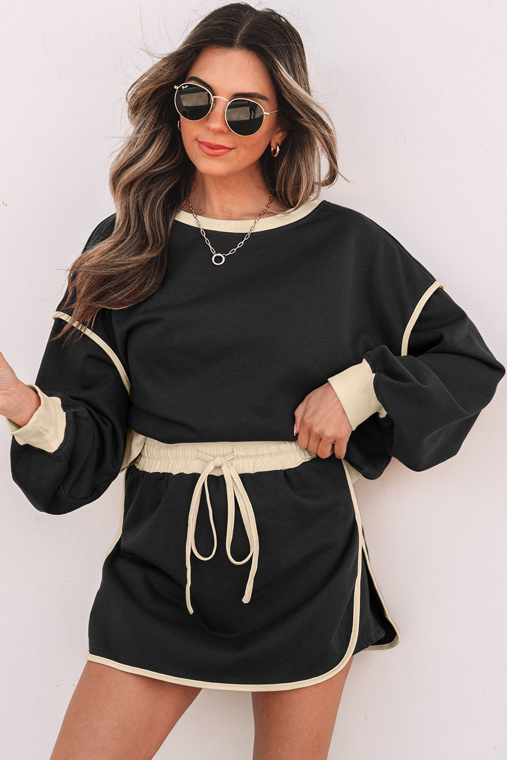 Shop Colour Contrast Loose Pullover & Lace-Up Waist Skort Set S-XL at LivelyLooks