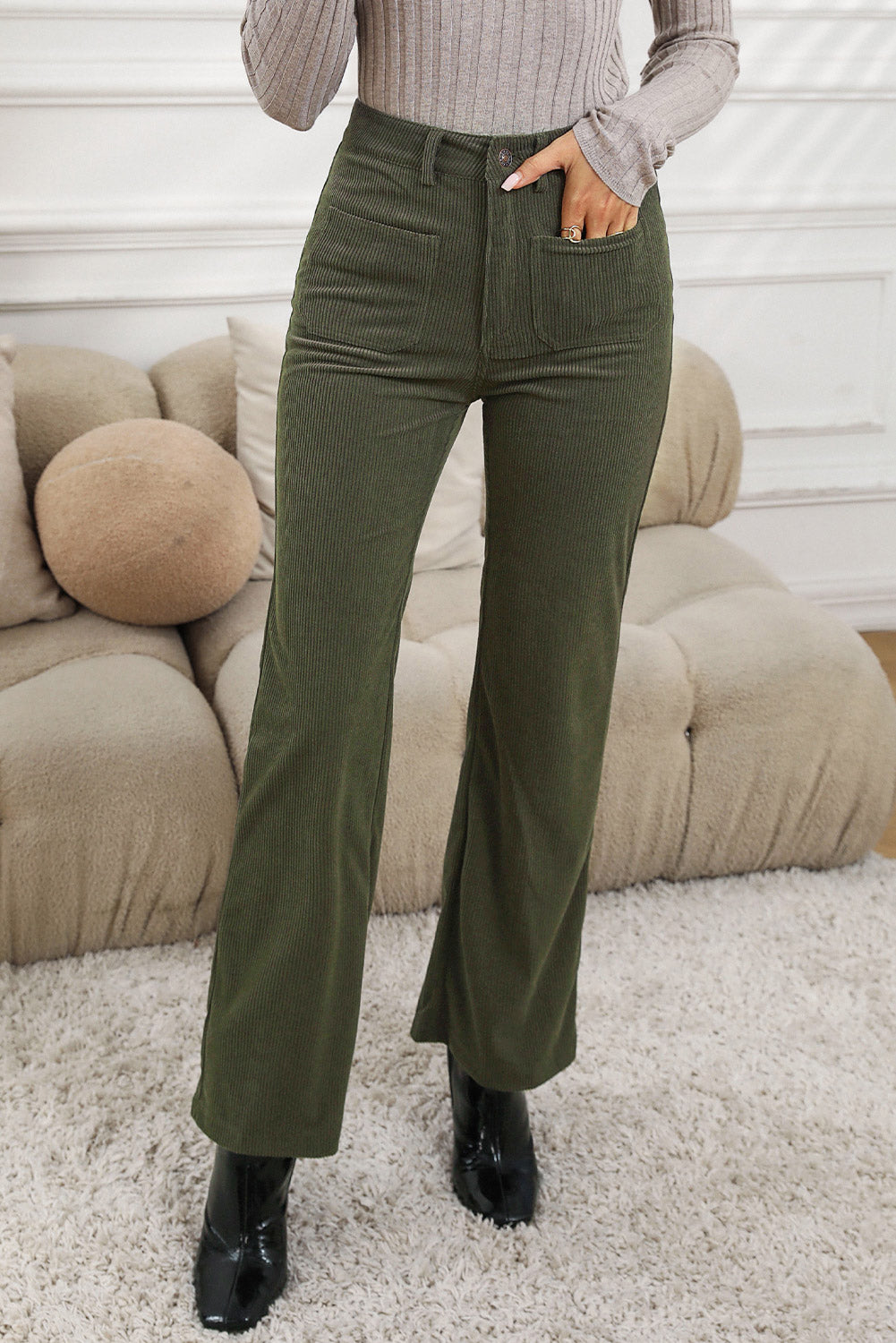 Women's Women's High Waist Corduroy Trousers Square Pockets Green/Brown at LivelyLooks