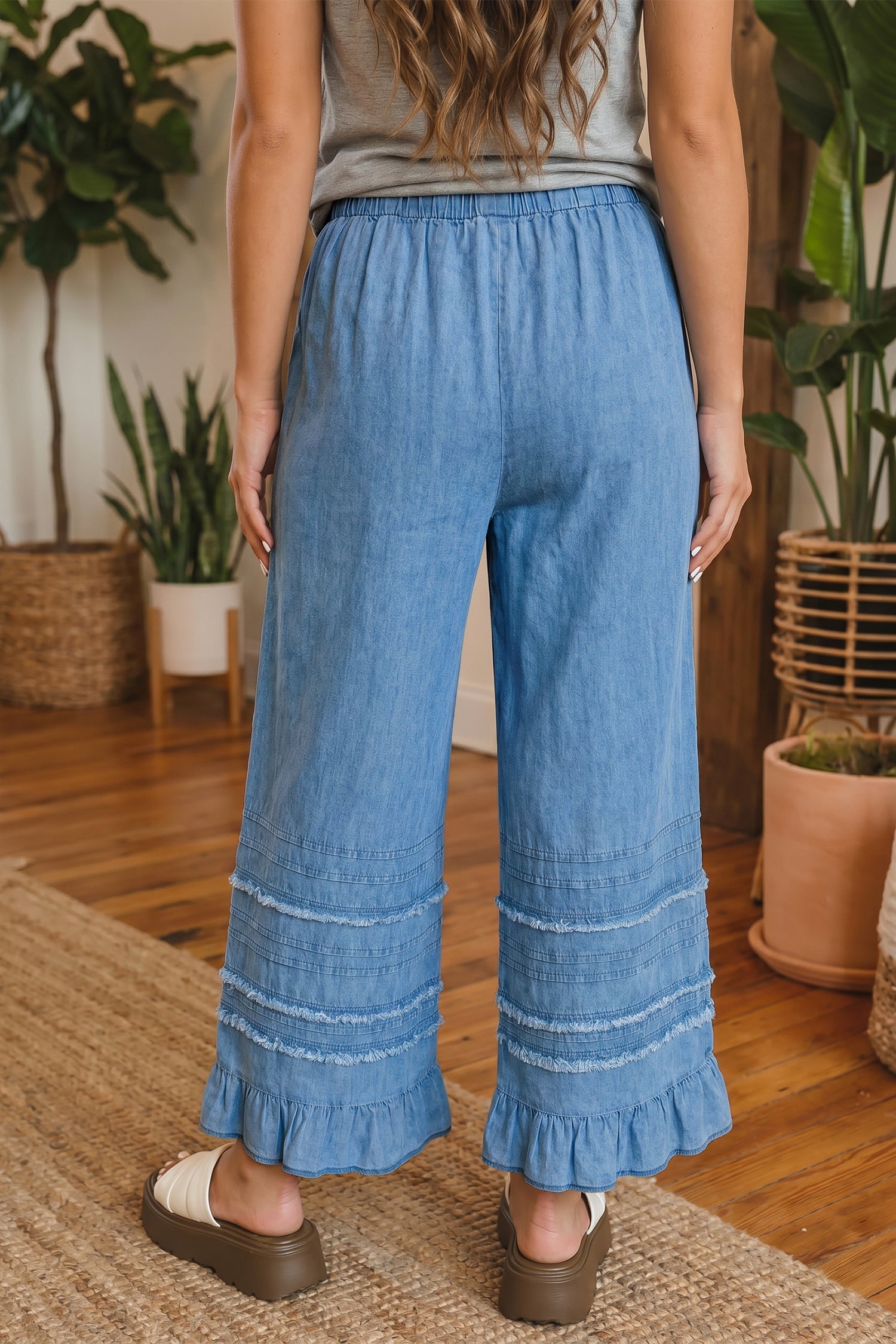 Women's Dusk Blue Ruffled Hem Wide Leg Chambray Trousers UK 8-20 at LivelyLooks
