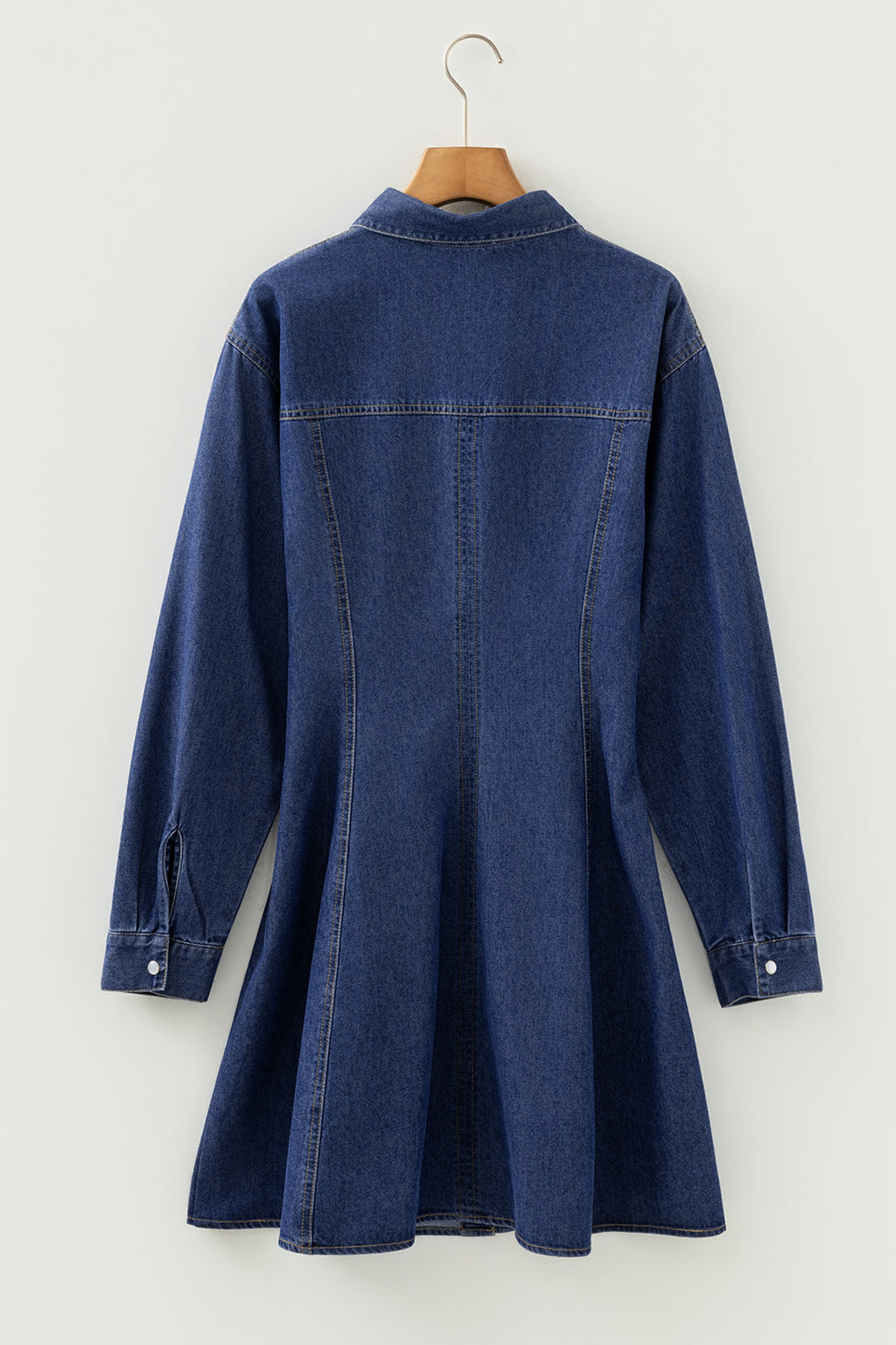 Blue Denim Shirt Collar Long Sleeve Flared Mini Dress | UK 8-22