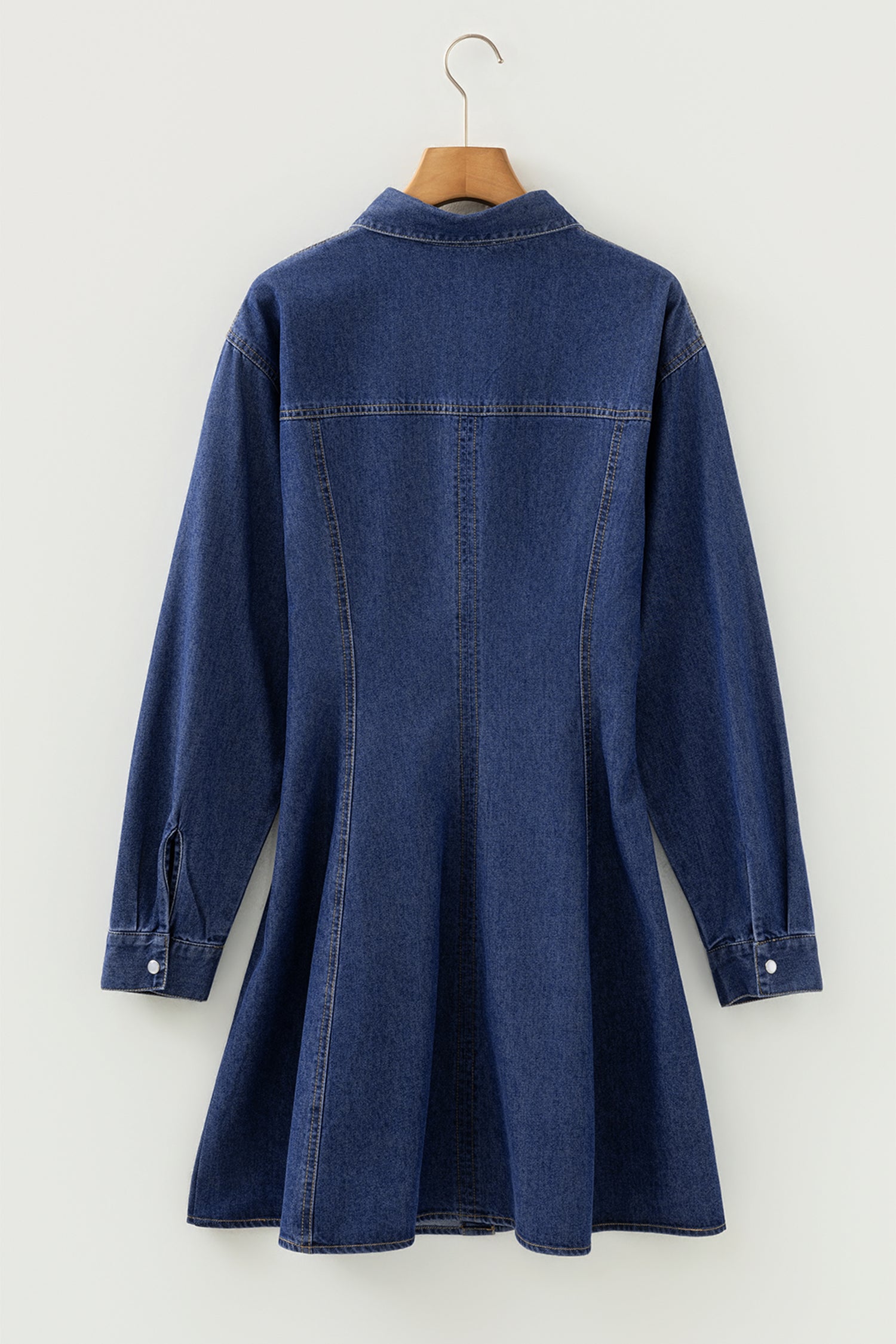 Blue Denim Shirt Collar Long Sleeve Flared Mini Dress | UK 8-22