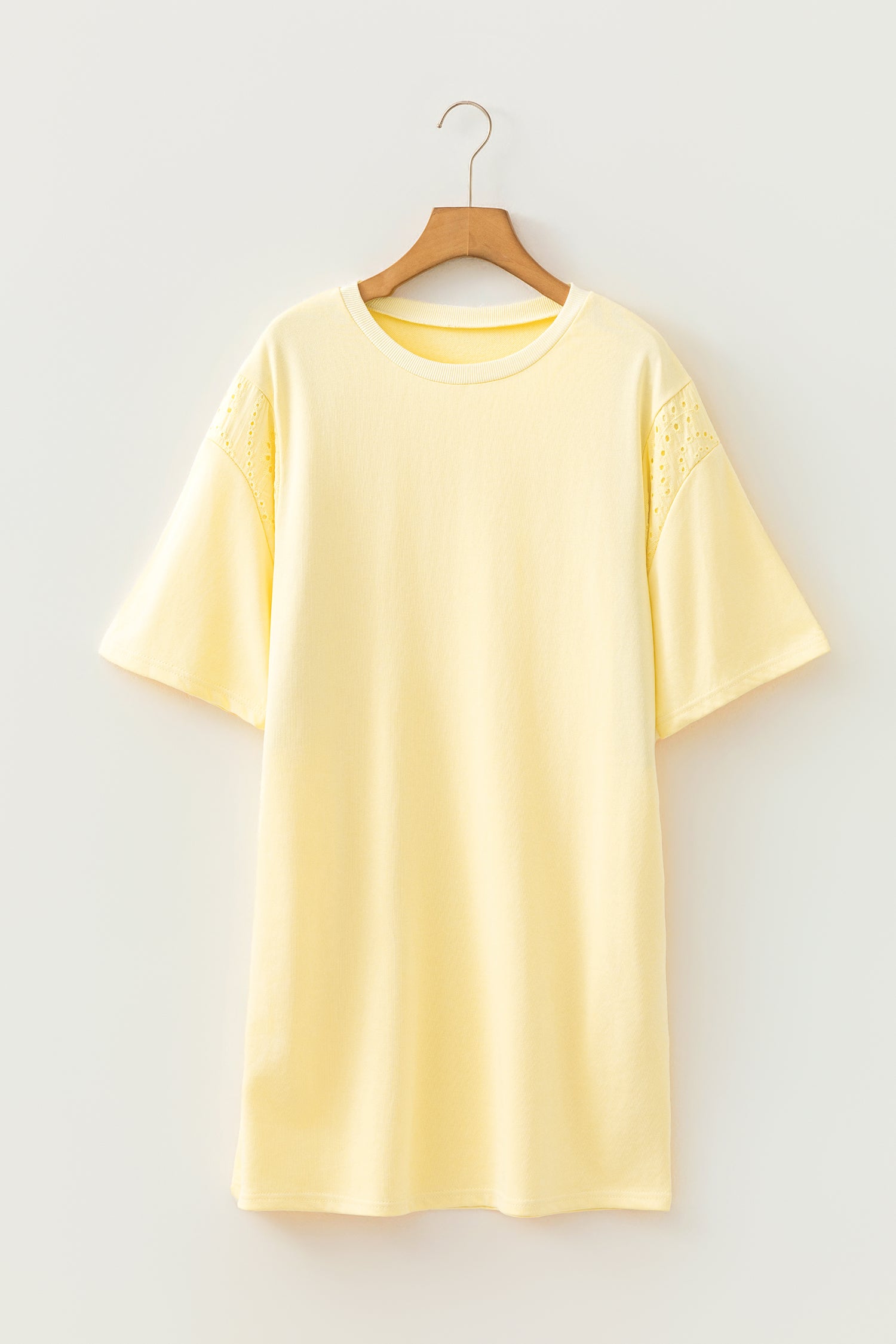 Yellow Cream Eyelet Embroidered Lace Sleeve Loose T-Shirt Dress