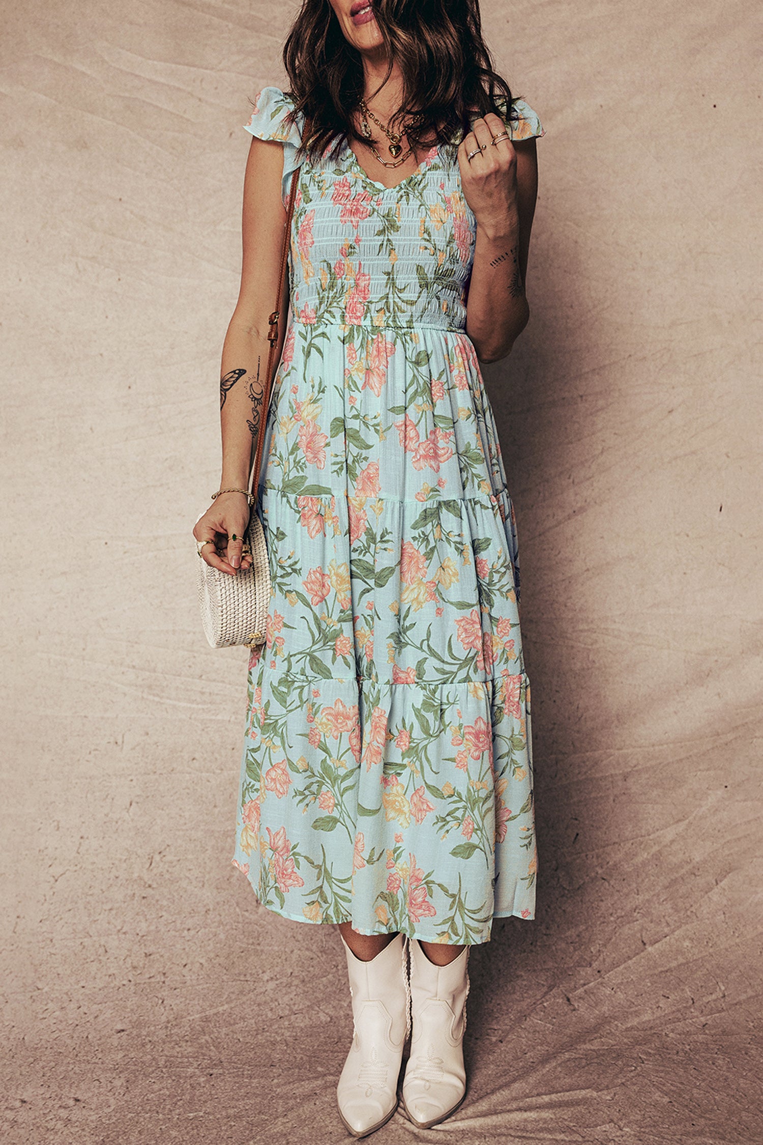 Women's Smocked Bodice Ruffled Sleeveless Tiered Floral Maxi Dress at LivelyLooks