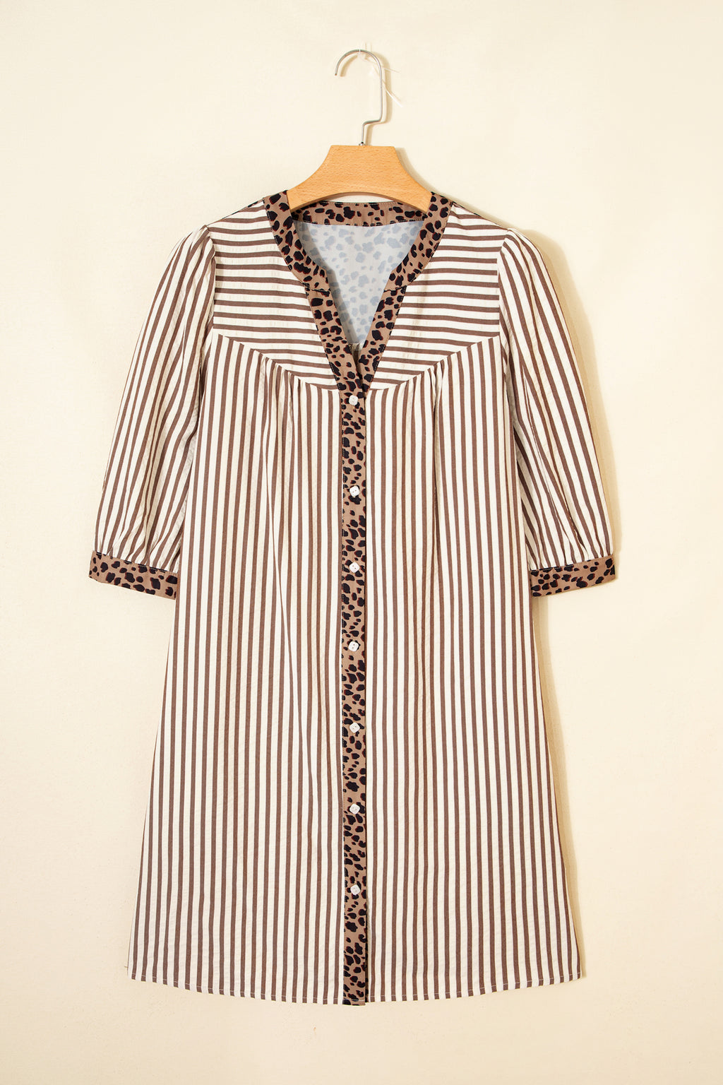 Women's Khaki Stripe Leopard Trim Button-Down Bracelet Sleeve Shirt Dress at LivelyLooks