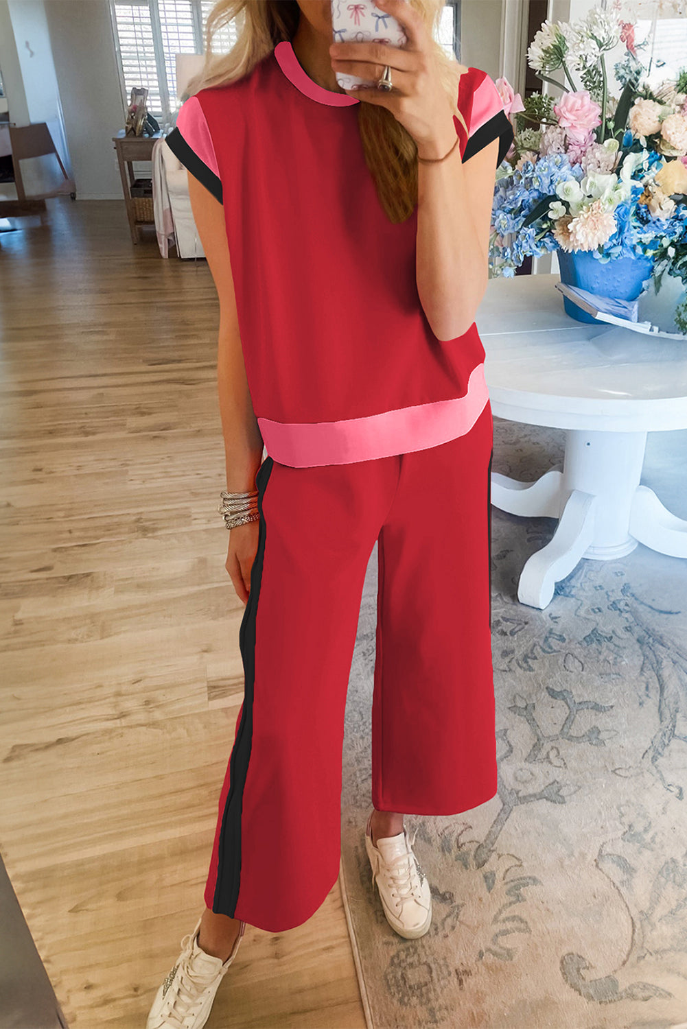 Colour Block Cap Sleeve Tee & Crop Wide Leg Trousers Set | 8 Colours