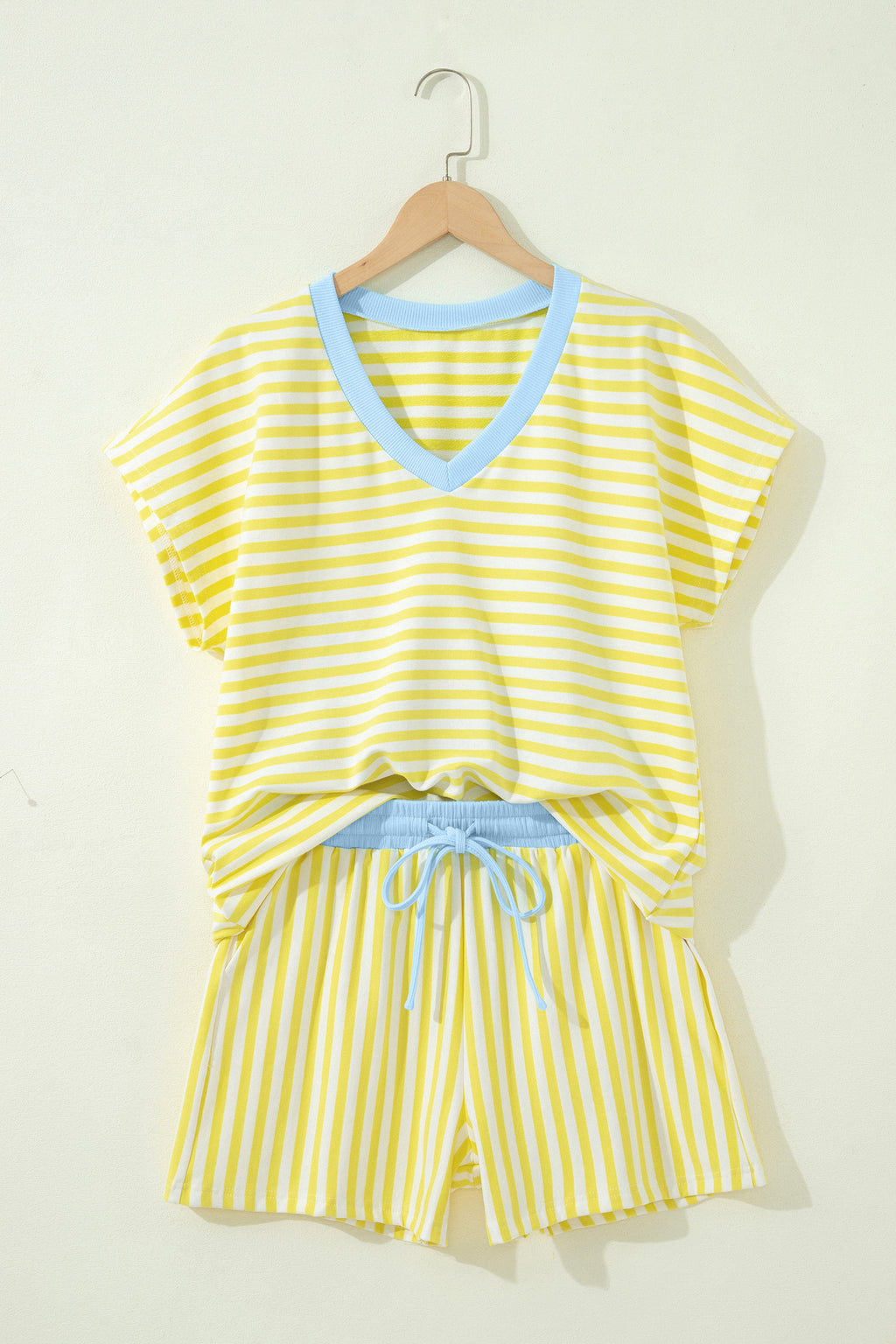 LivelyLooks Women's Stripe V-Neck Tee & Drawstring Shorts Set Contrast Trim S-XL women's fashion