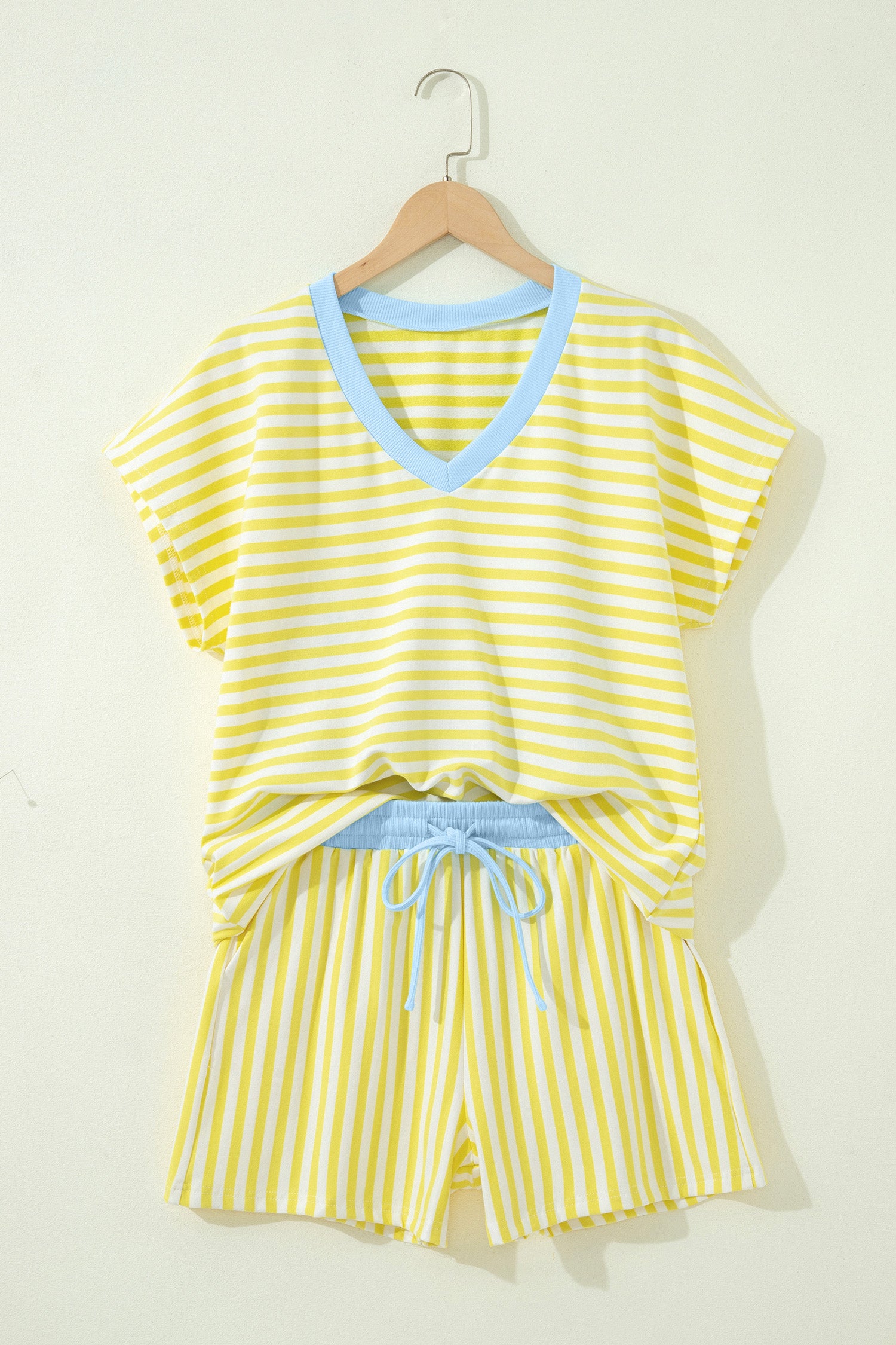 LivelyLooks Women's Stripe V-Neck Tee & Drawstring Shorts Set Contrast Trim S-XL women's fashion