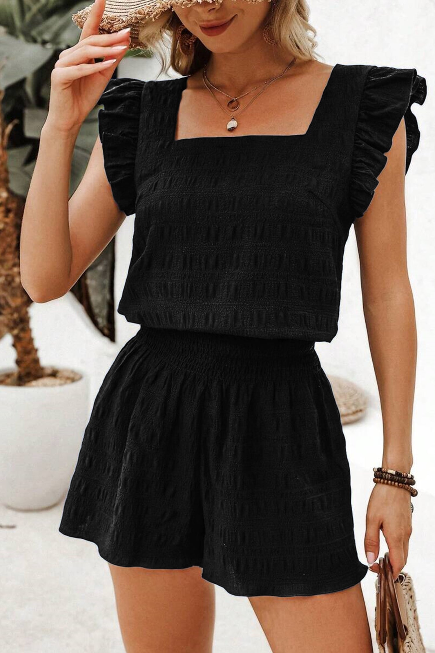 Textured Square Neck Top & Shirred High Waist Shorts Set | 5 Colours | UK 8–22