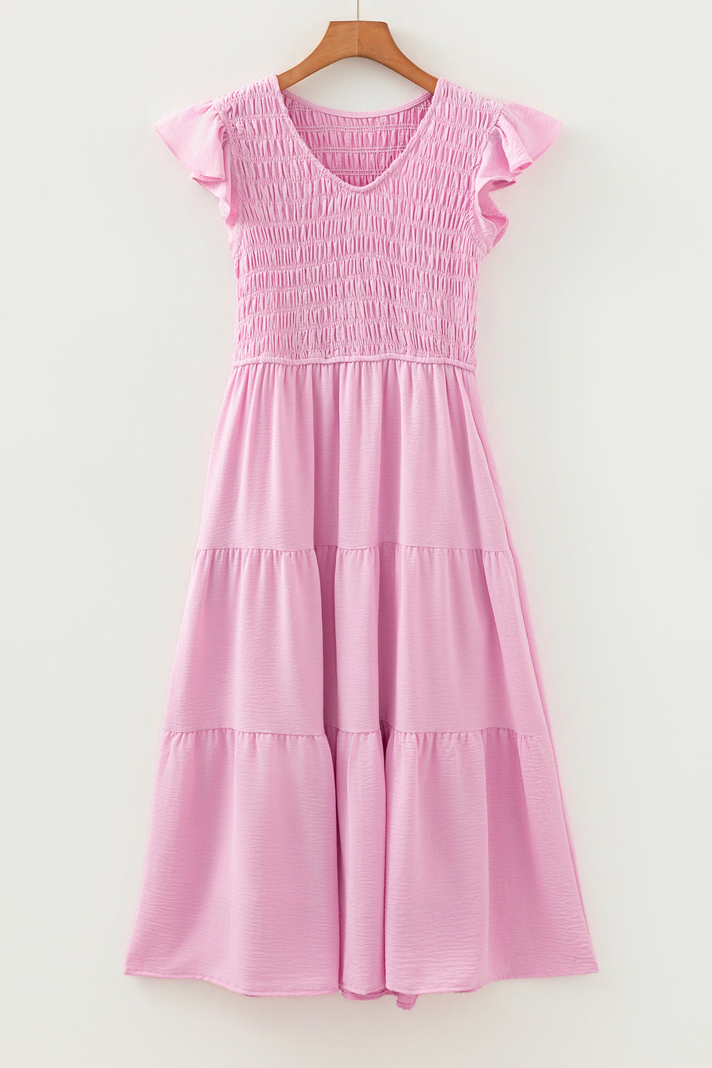 Women's Pink Smocked Bodice Flutter Sleeve Fit & Flare Tiered Midi Dress at LivelyLooks