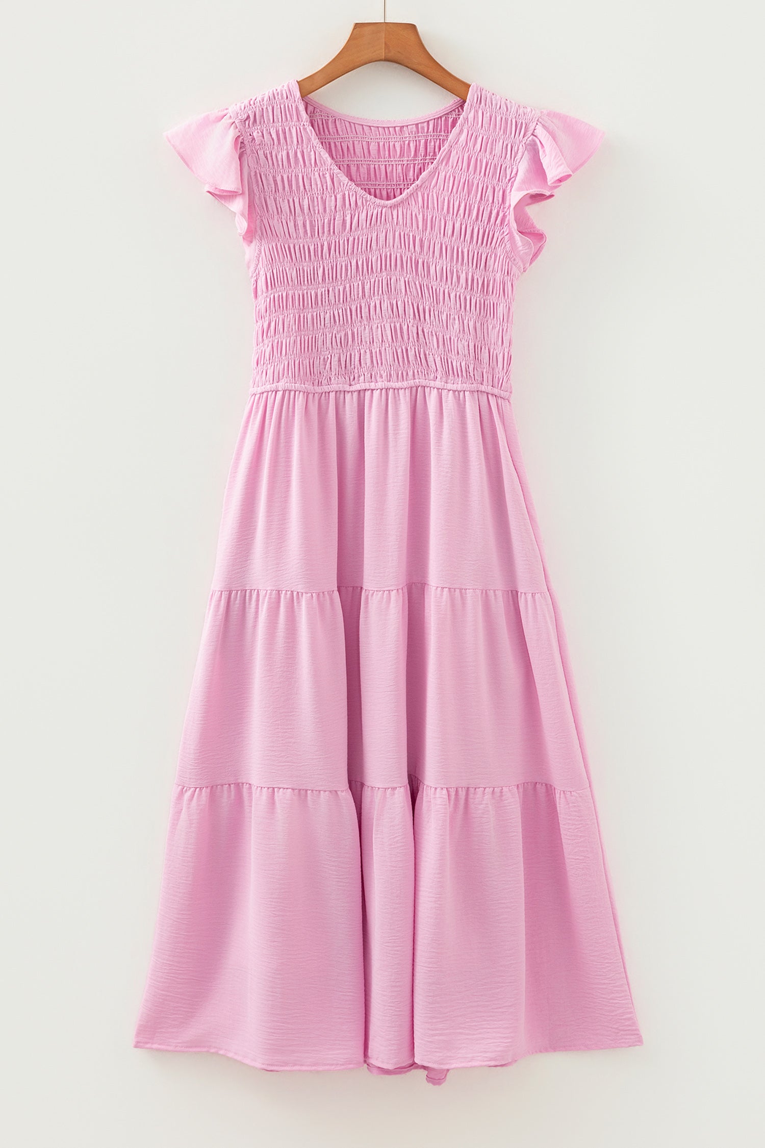 Women's Pink Smocked Bodice Flutter Sleeve Fit & Flare Tiered Midi Dress at LivelyLooks