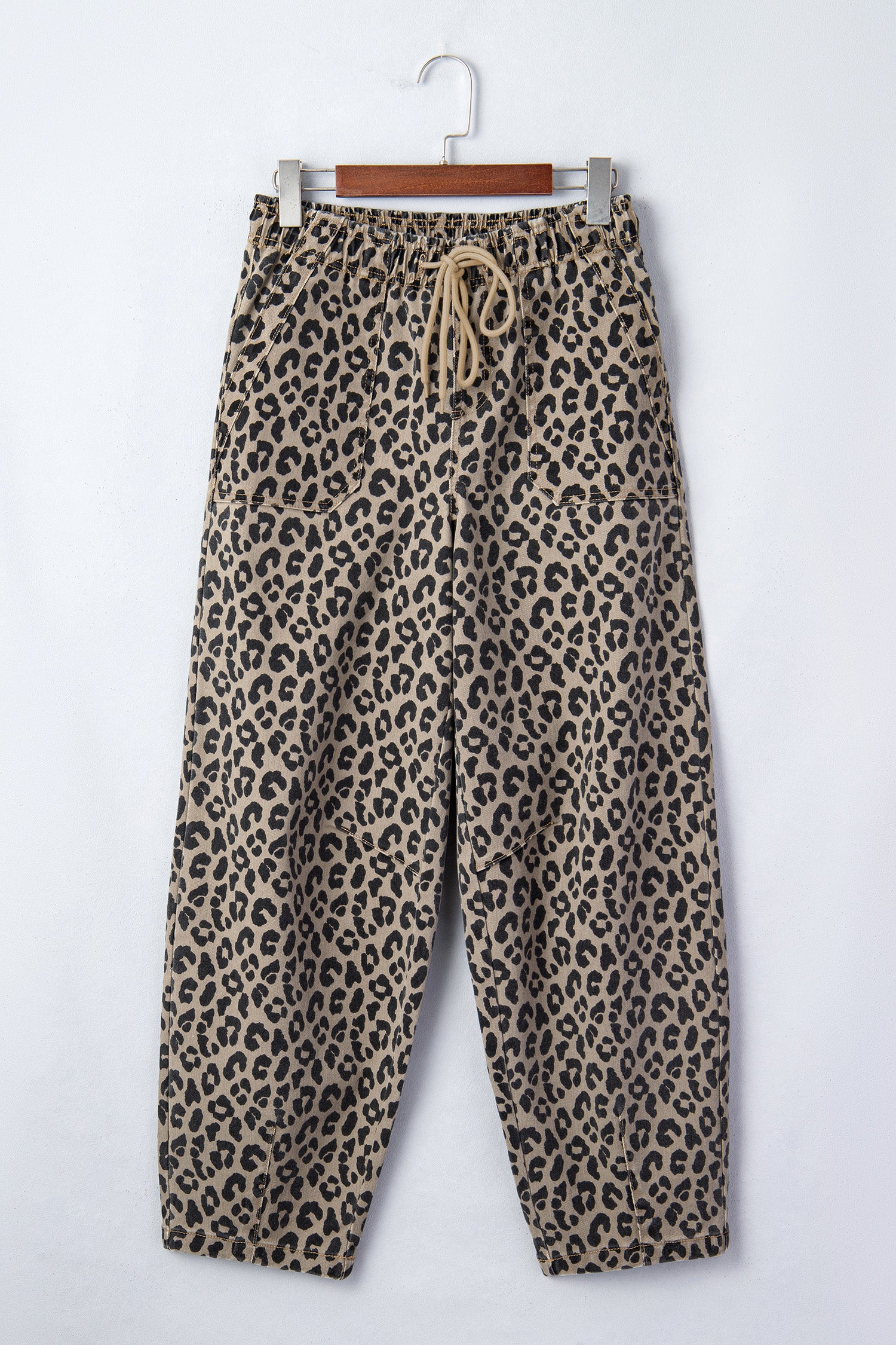 Women's Khaki Leopard Print Loose Denim Jeans Drawstring Elastic Waist UK 4-16