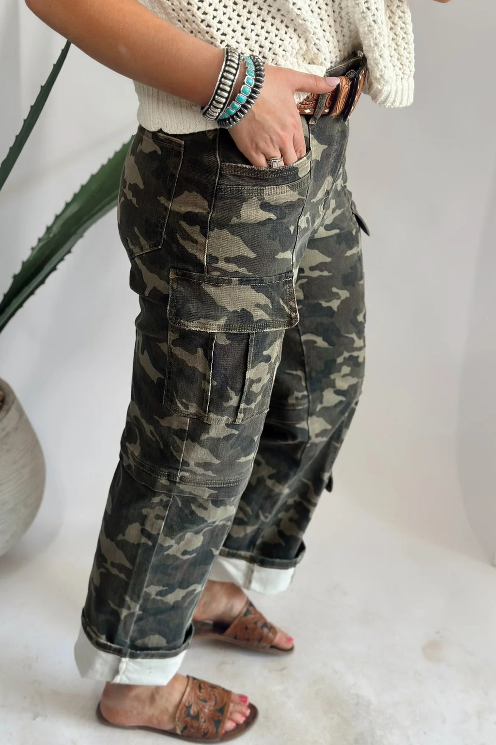 Women's Women's Green Camo Cargo Denim Jeans Multi-Pocket Stretch UK 4-16 at LivelyLooks