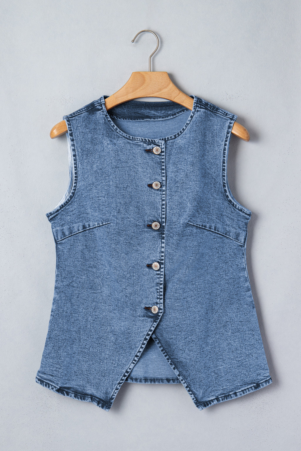 Women's Buttoned Front Slit Denim Vest Black Blue S-XL at LivelyLooks
