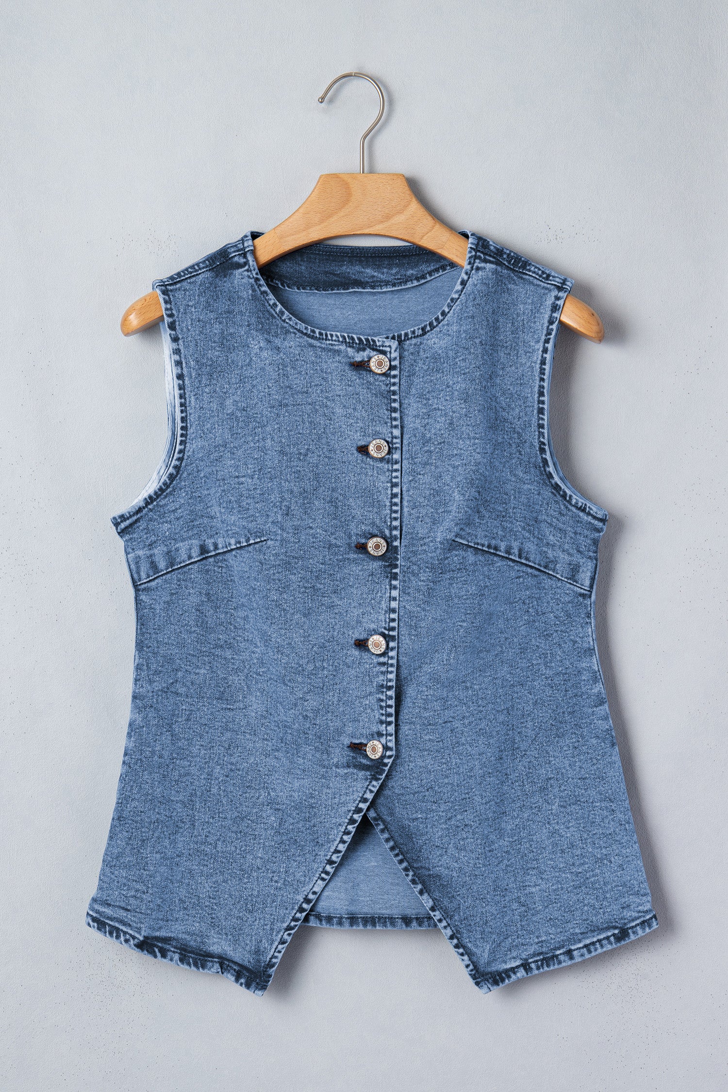 Women's Buttoned Front Slit Denim Vest Black Blue S-XL at LivelyLooks