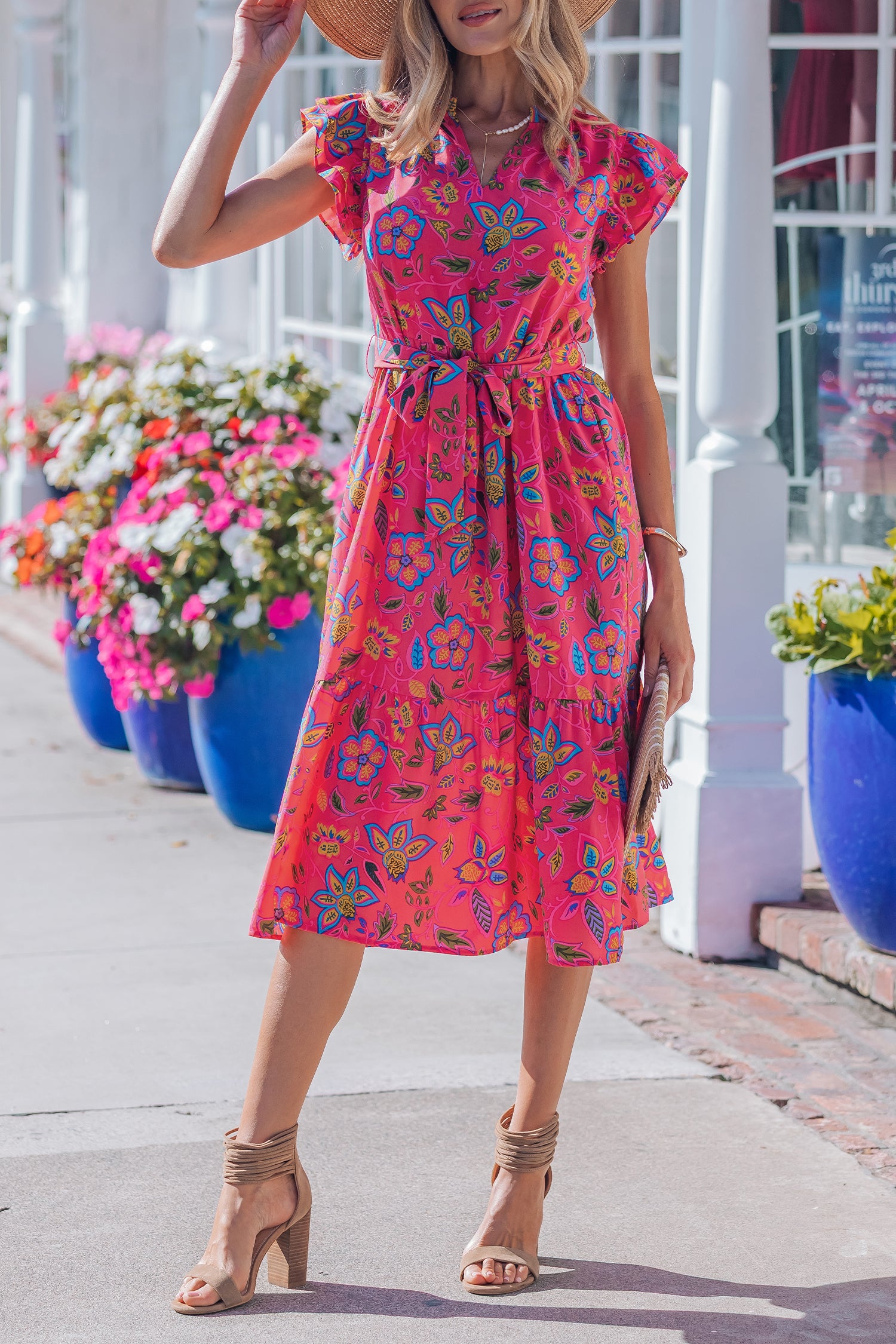 Women's Rose Flutter Sleeve Belted Floral Maxi Dress at LivelyLooks
